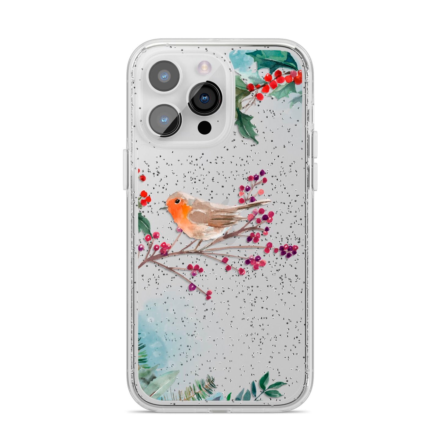 Christmas Robin Floral iPhone 14 Pro Max Glitter Tough Case Silver