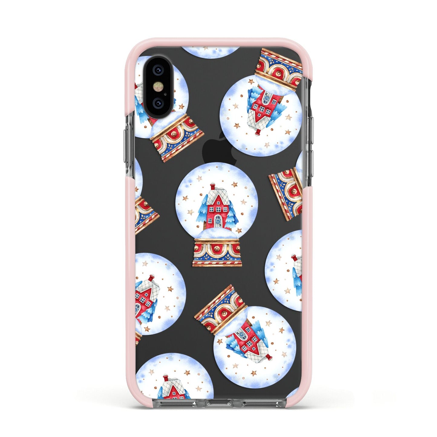 Christmas Snow Globe Pattern Apple iPhone Xs Impact Case Pink Edge on Black Phone
