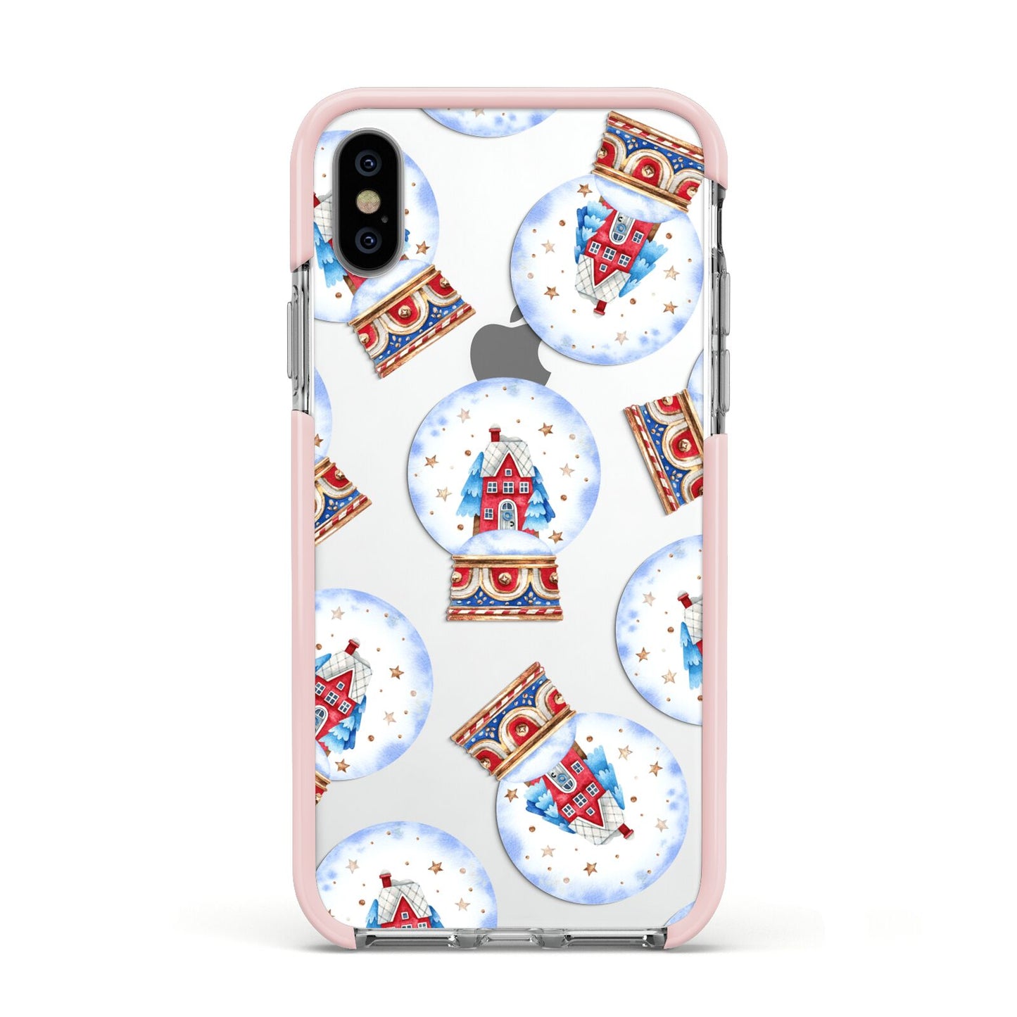 Christmas Snow Globe Pattern Apple iPhone Xs Impact Case Pink Edge on Silver Phone