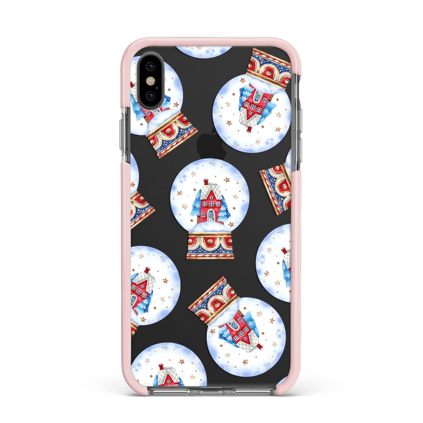 Christmas Snow Globe Pattern Apple iPhone Xs Max Impact Case Pink Edge on Black Phone