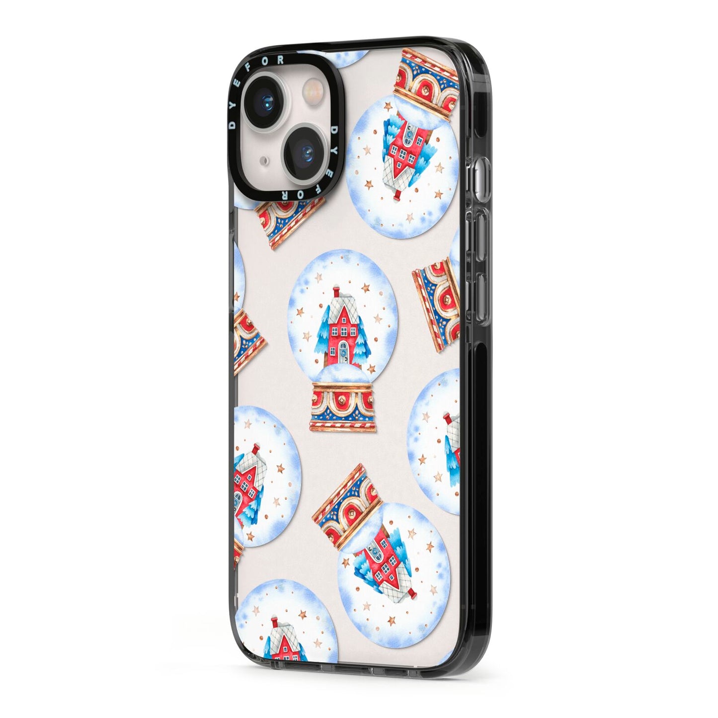 Christmas Snow Globe Pattern iPhone 13 Black Impact Case Side Angle on Silver phone
