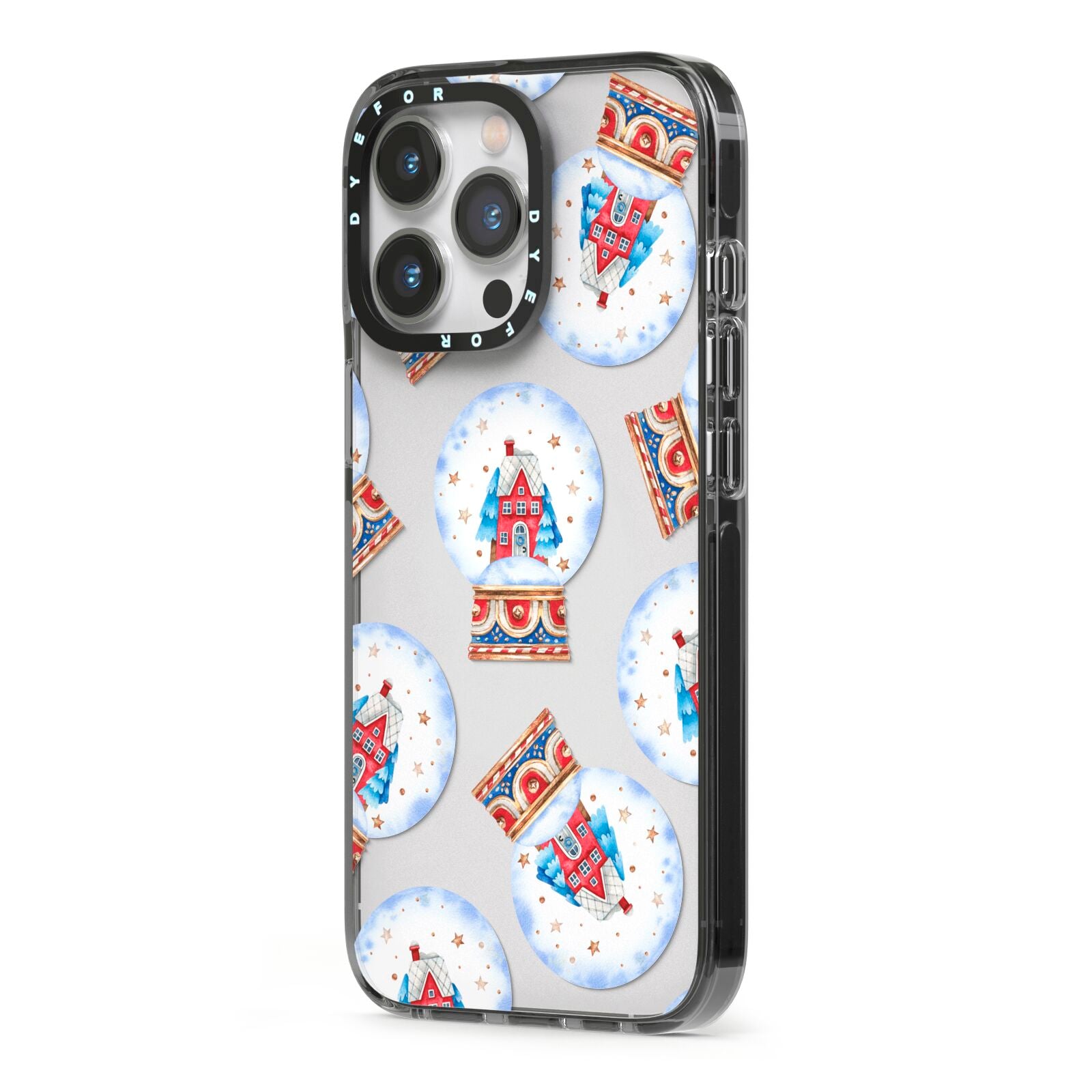 Christmas Snow Globe Pattern iPhone 13 Pro Black Impact Case Side Angle on Silver phone