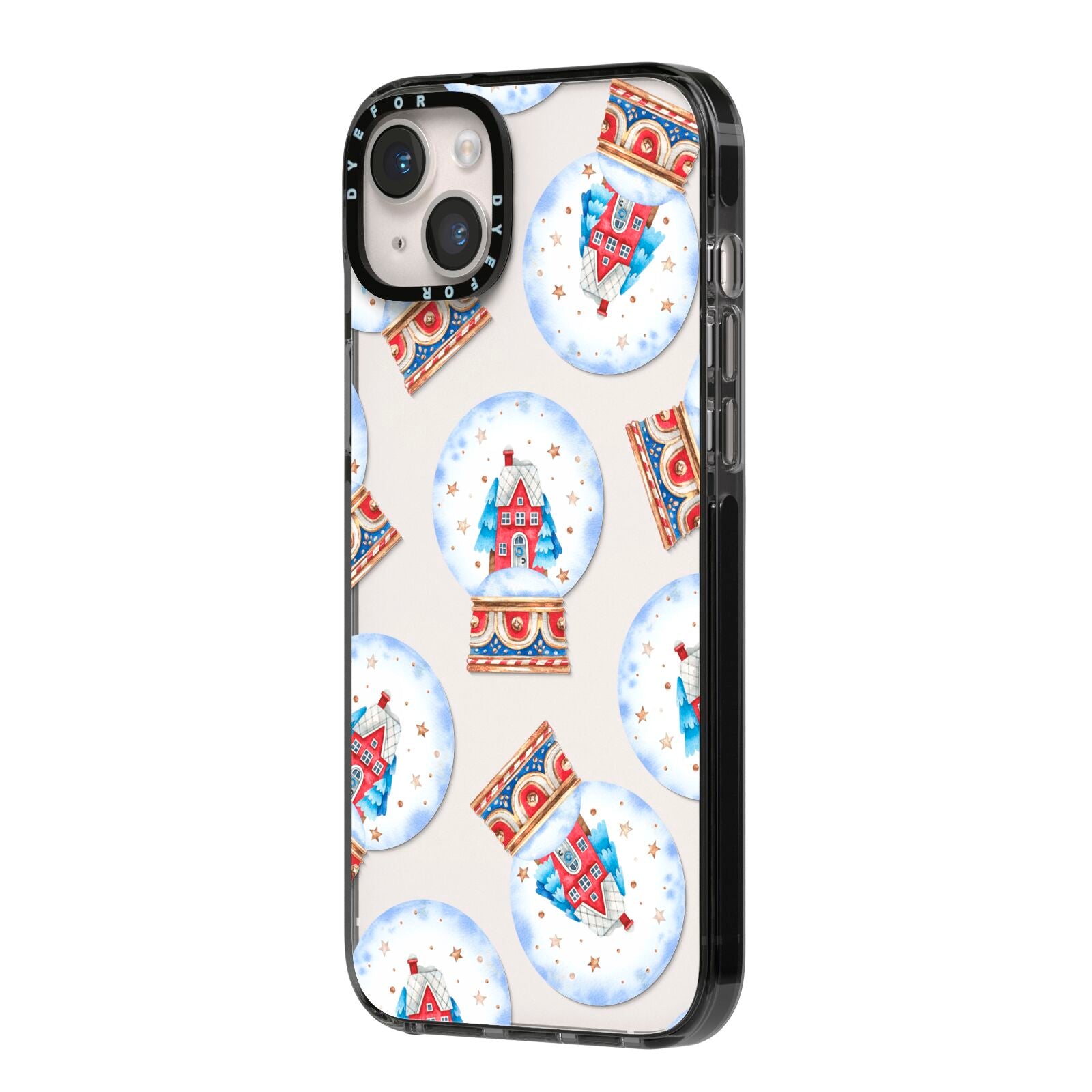 Christmas Snow Globe Pattern iPhone 14 Plus Black Impact Case Side Angle on Silver phone