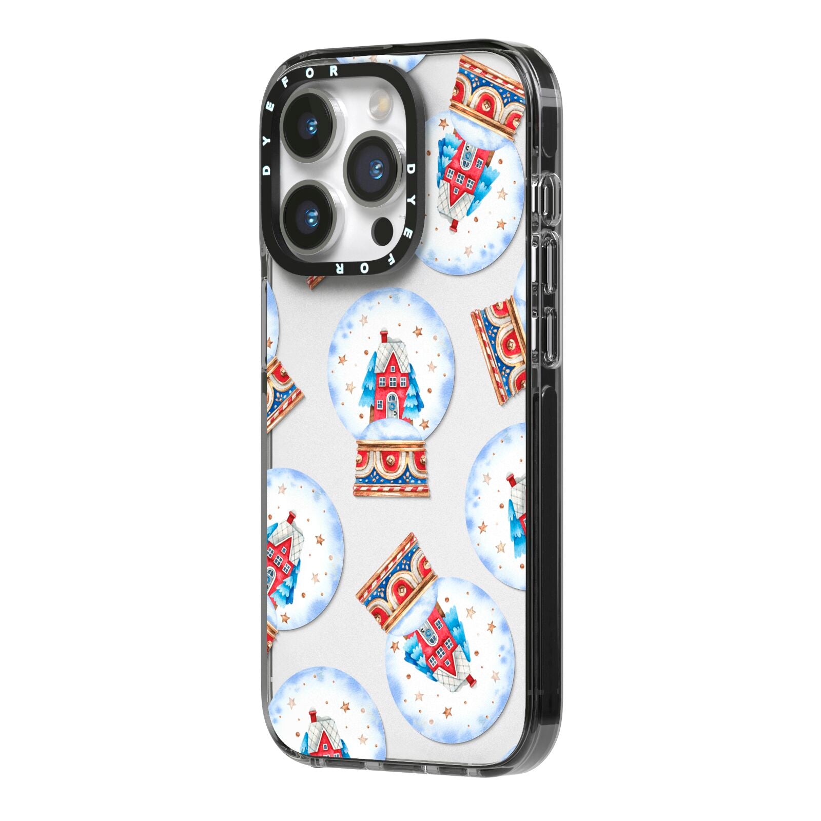 Christmas Snow Globe Pattern iPhone 14 Pro Black Impact Case Side Angle on Silver phone