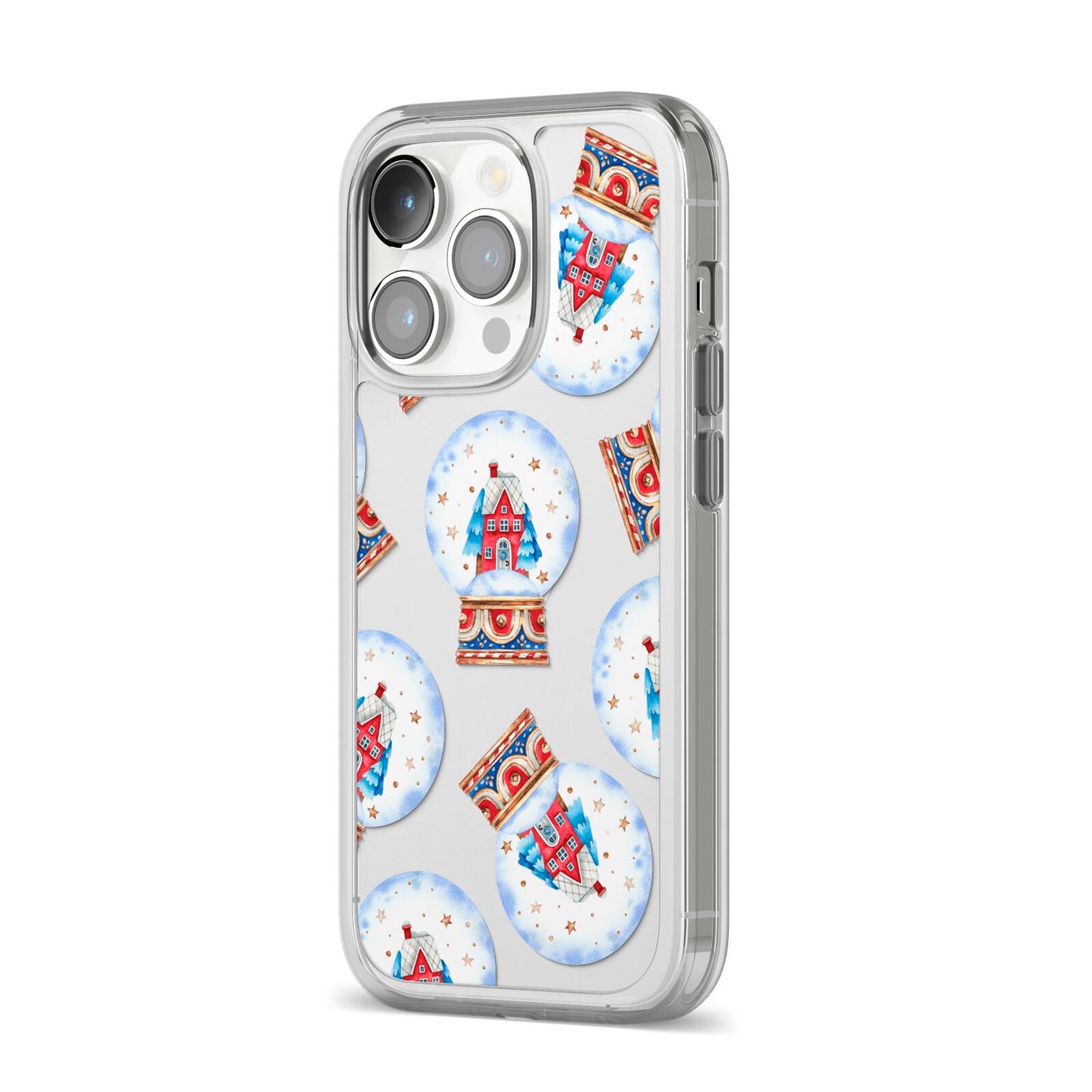 Christmas Snow Globe Pattern iPhone 14 Pro Clear Tough Case Silver Angled Image