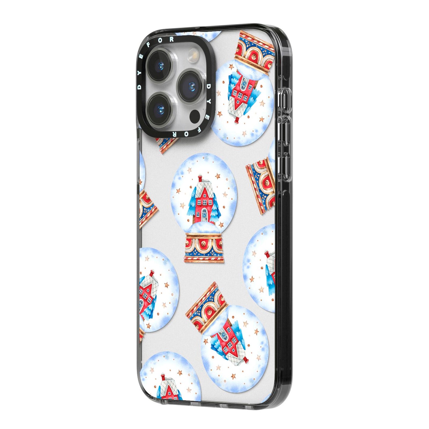 Christmas Snow Globe Pattern iPhone 14 Pro Max Black Impact Case Side Angle on Silver phone