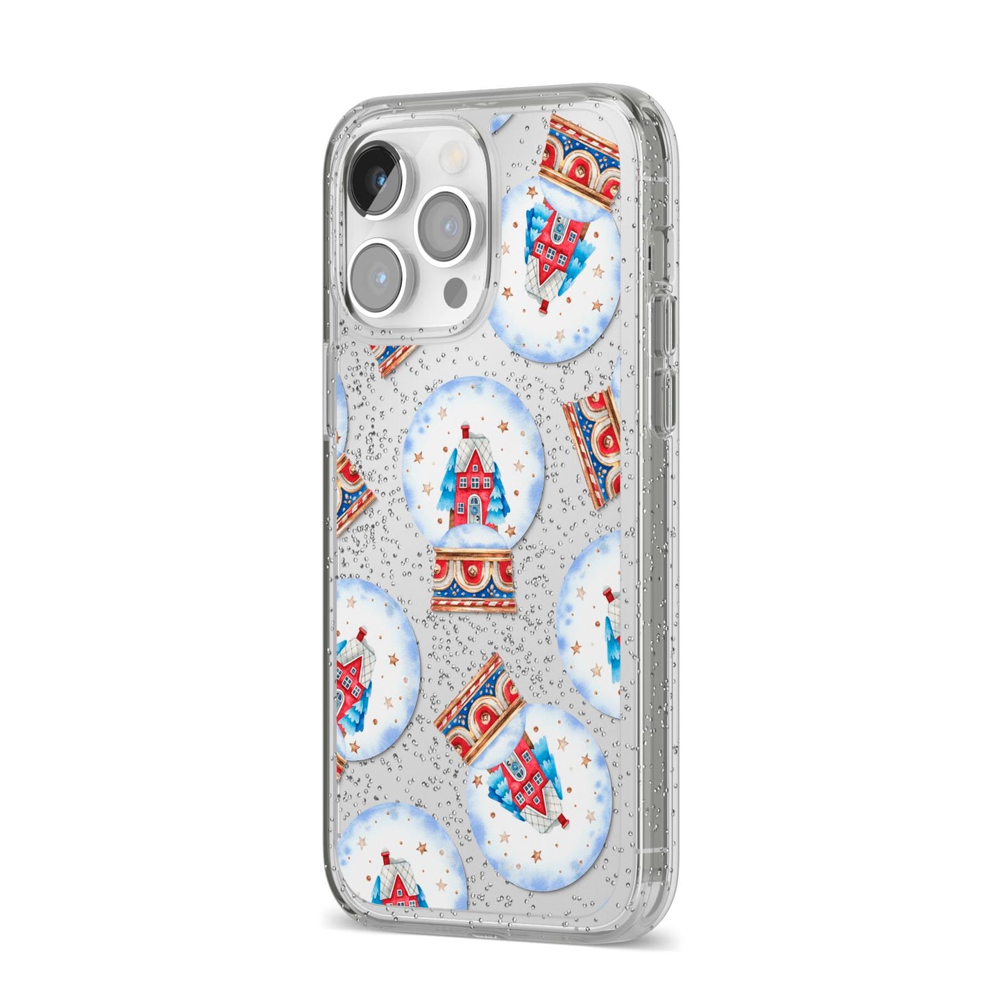 Christmas Snow Globe Pattern iPhone 14 Pro Max Glitter Tough Case Silver Angled Image