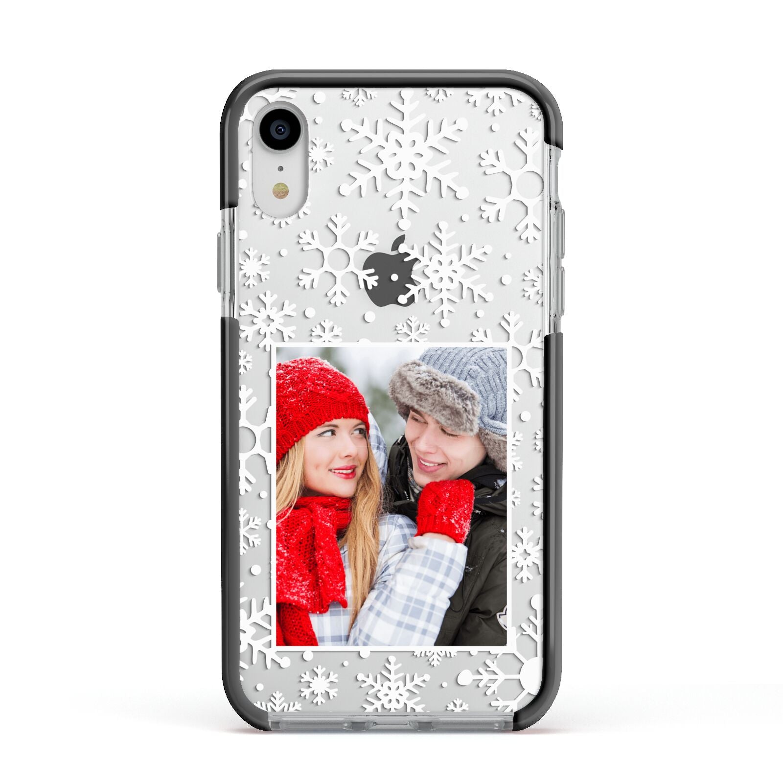 Christmas Snowflake Personalised Photo Apple iPhone XR Impact Case Black Edge on Silver Phone