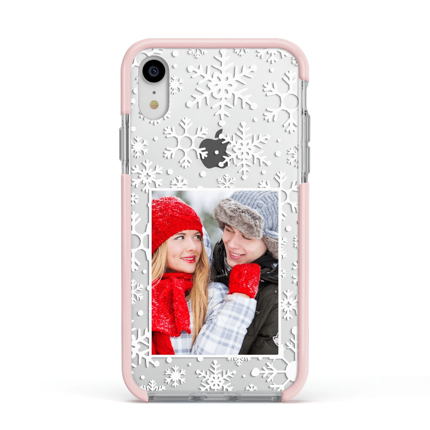 Christmas Snowflake Personalised Photo Apple iPhone XR Impact Case Pink Edge on Silver Phone