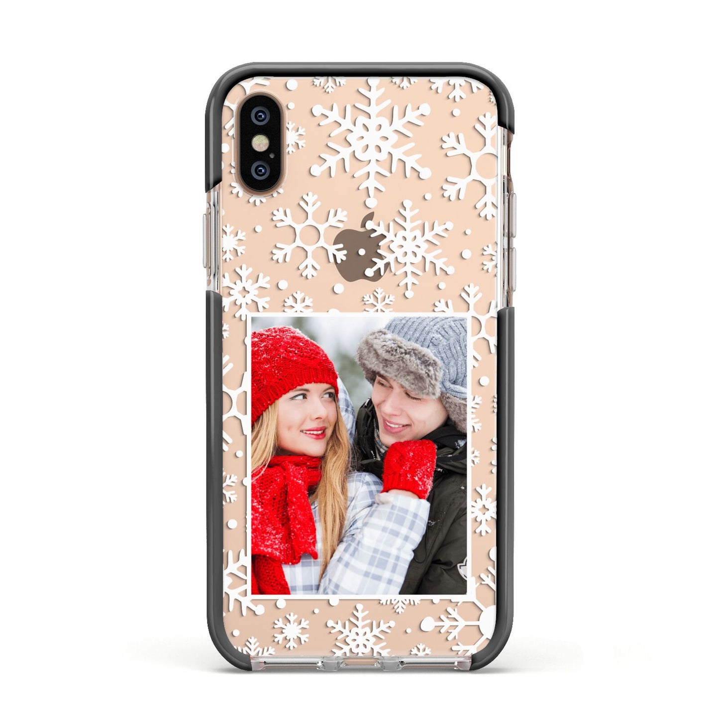 Christmas Snowflake Personalised Photo Apple iPhone Xs Impact Case Black Edge on Gold Phone