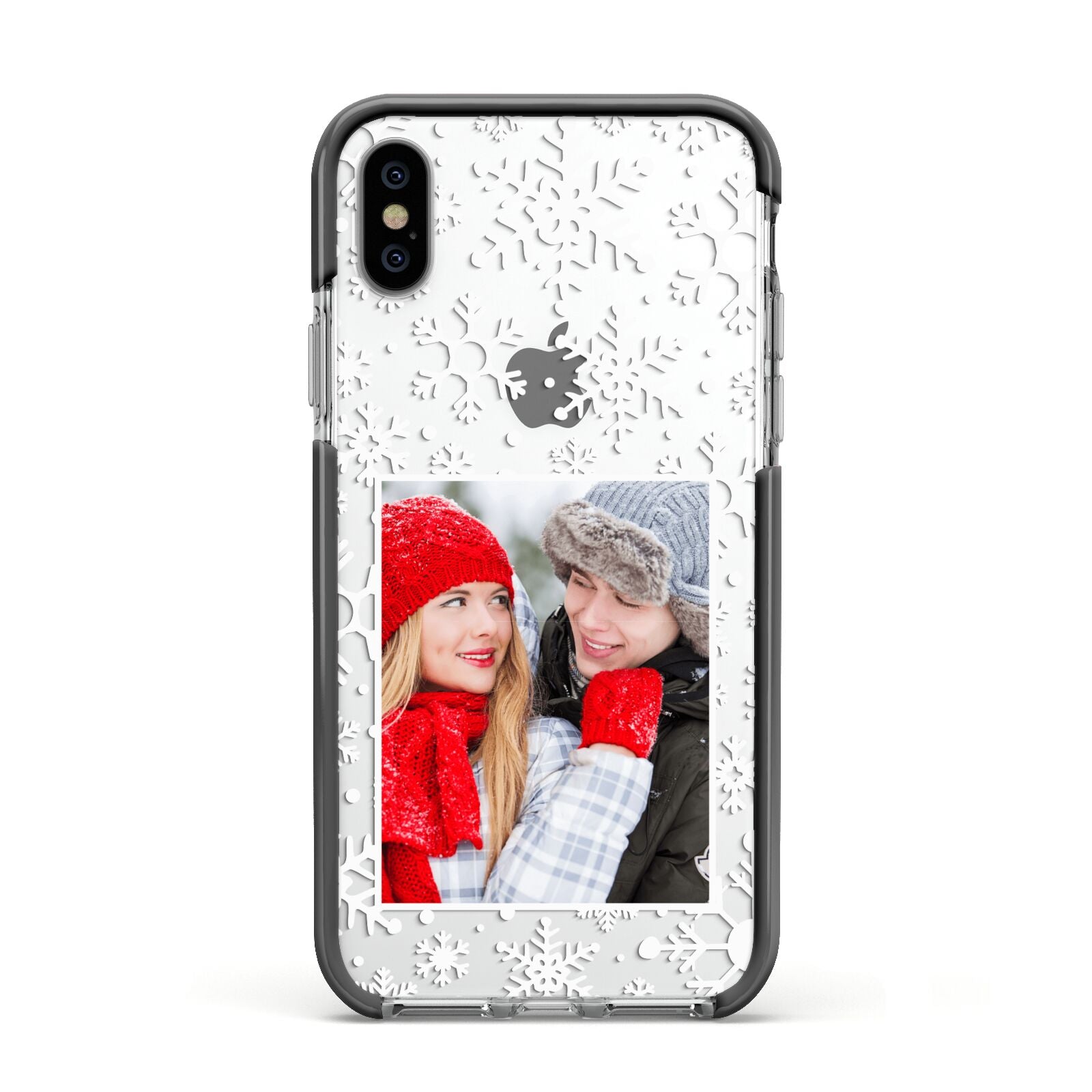 Christmas Snowflake Personalised Photo Apple iPhone Xs Impact Case Black Edge on Silver Phone