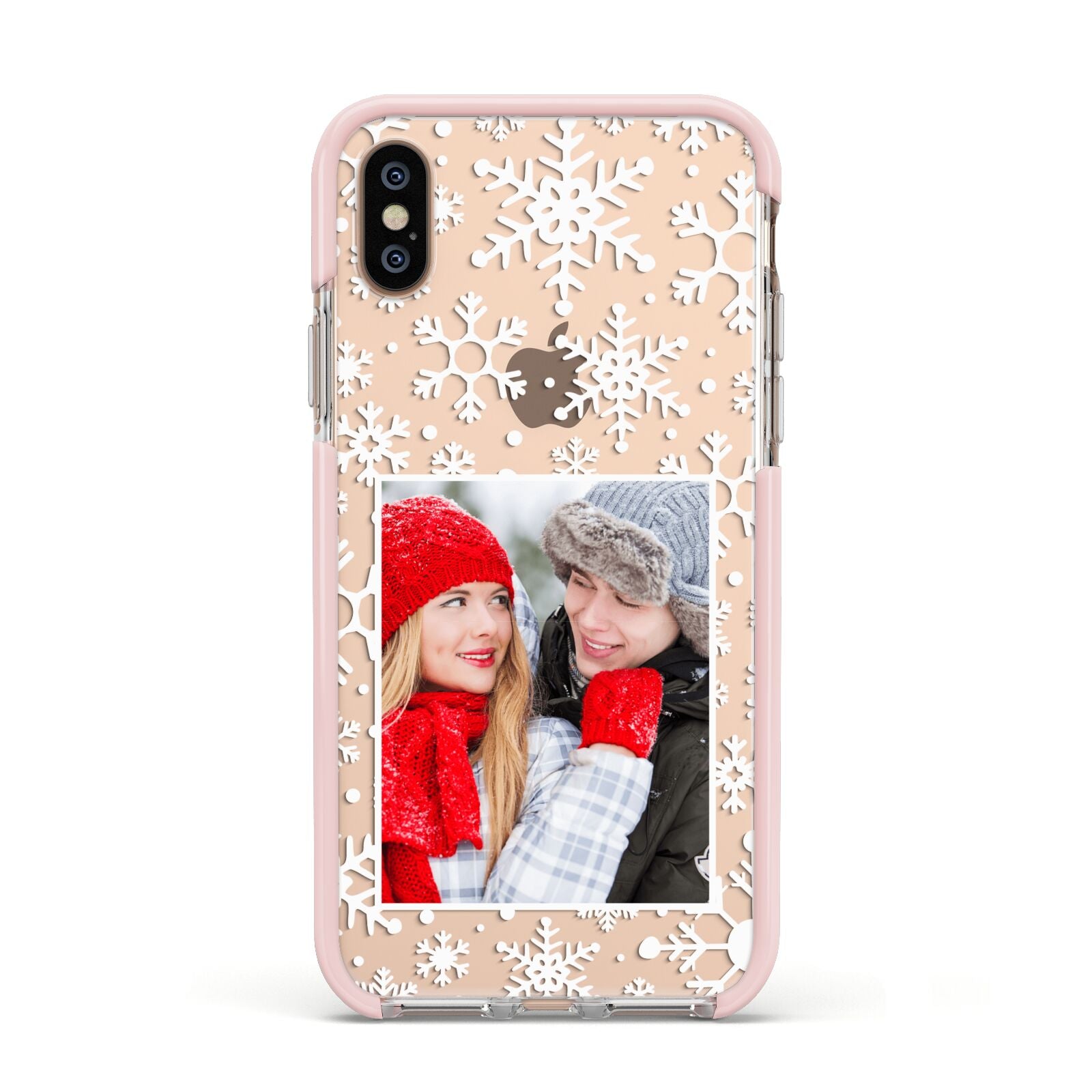Christmas Snowflake Personalised Photo Apple iPhone Xs Impact Case Pink Edge on Gold Phone