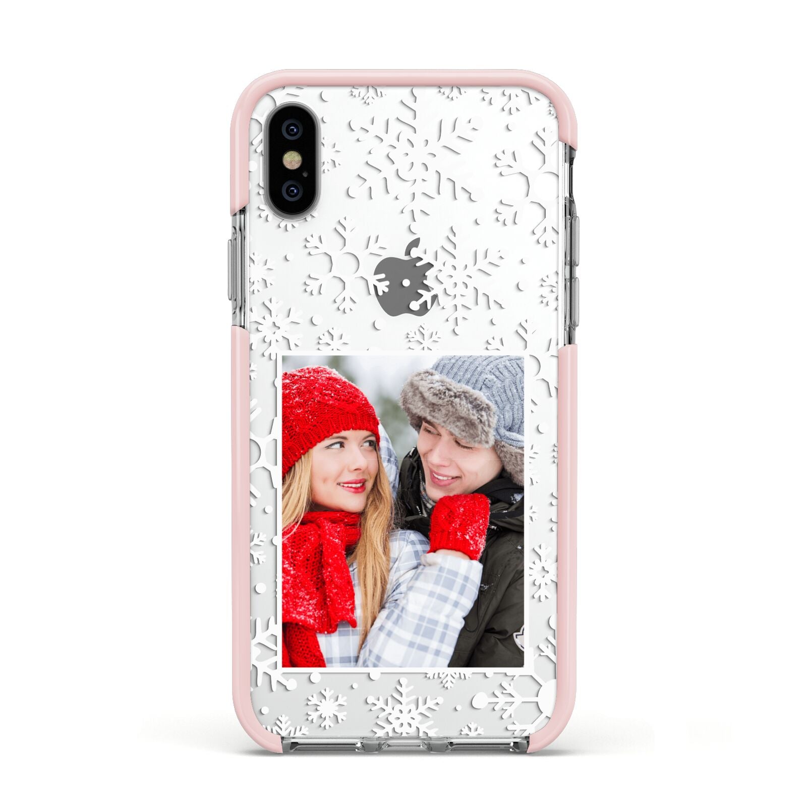 Christmas Snowflake Personalised Photo Apple iPhone Xs Impact Case Pink Edge on Silver Phone