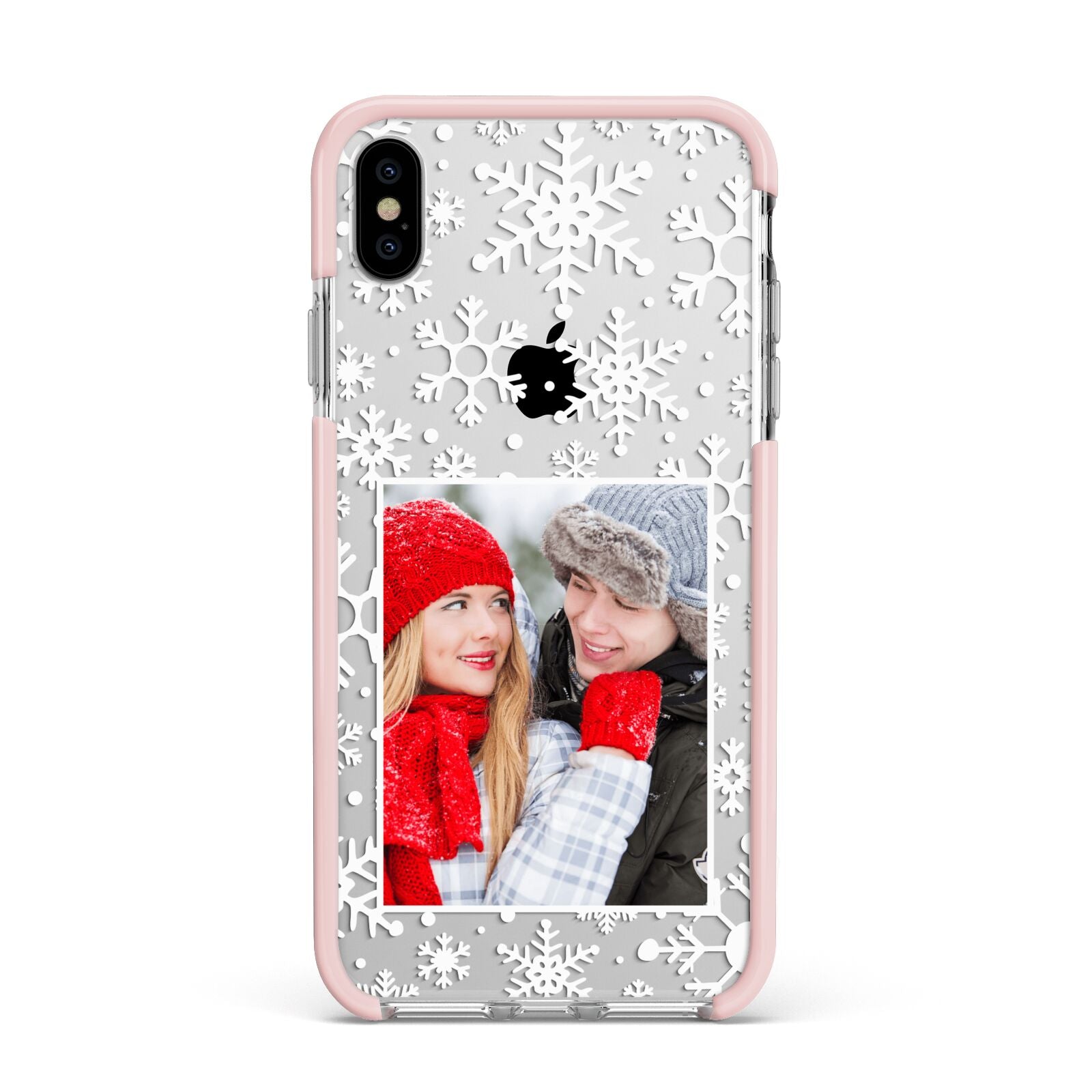 Christmas Snowflake Personalised Photo Apple iPhone Xs Max Impact Case Pink Edge on Silver Phone