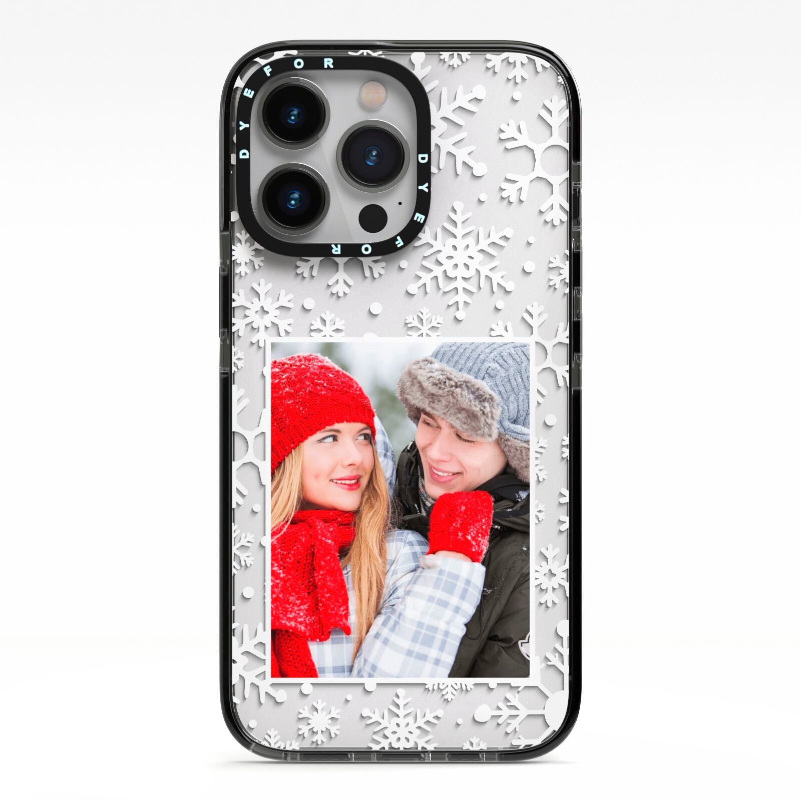 Christmas Snowflake Personalised Photo iPhone 13 Pro Black Impact Case on Silver phone