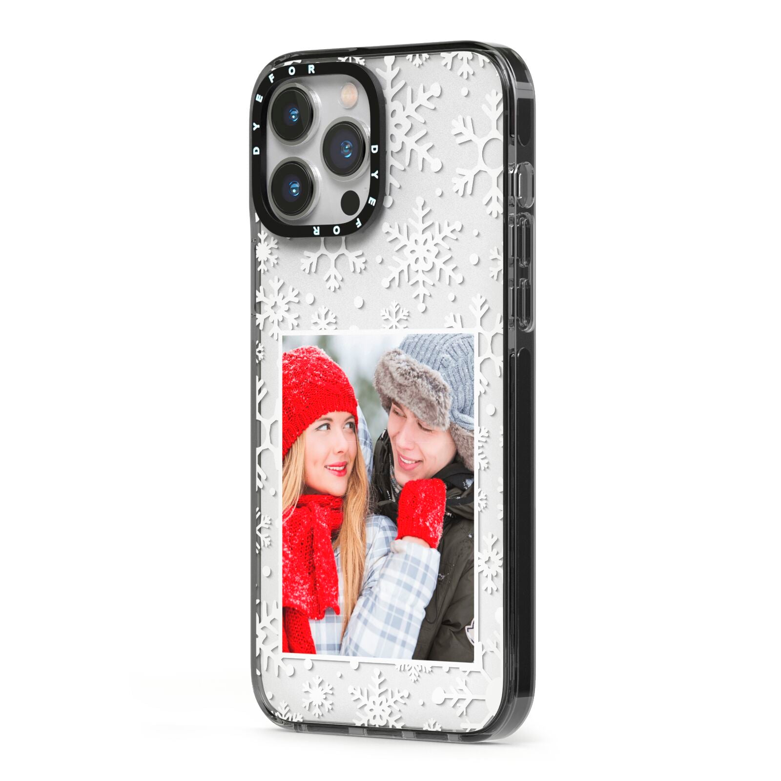 Christmas Snowflake Personalised Photo iPhone 13 Pro Max Black Impact Case Side Angle on Silver phone