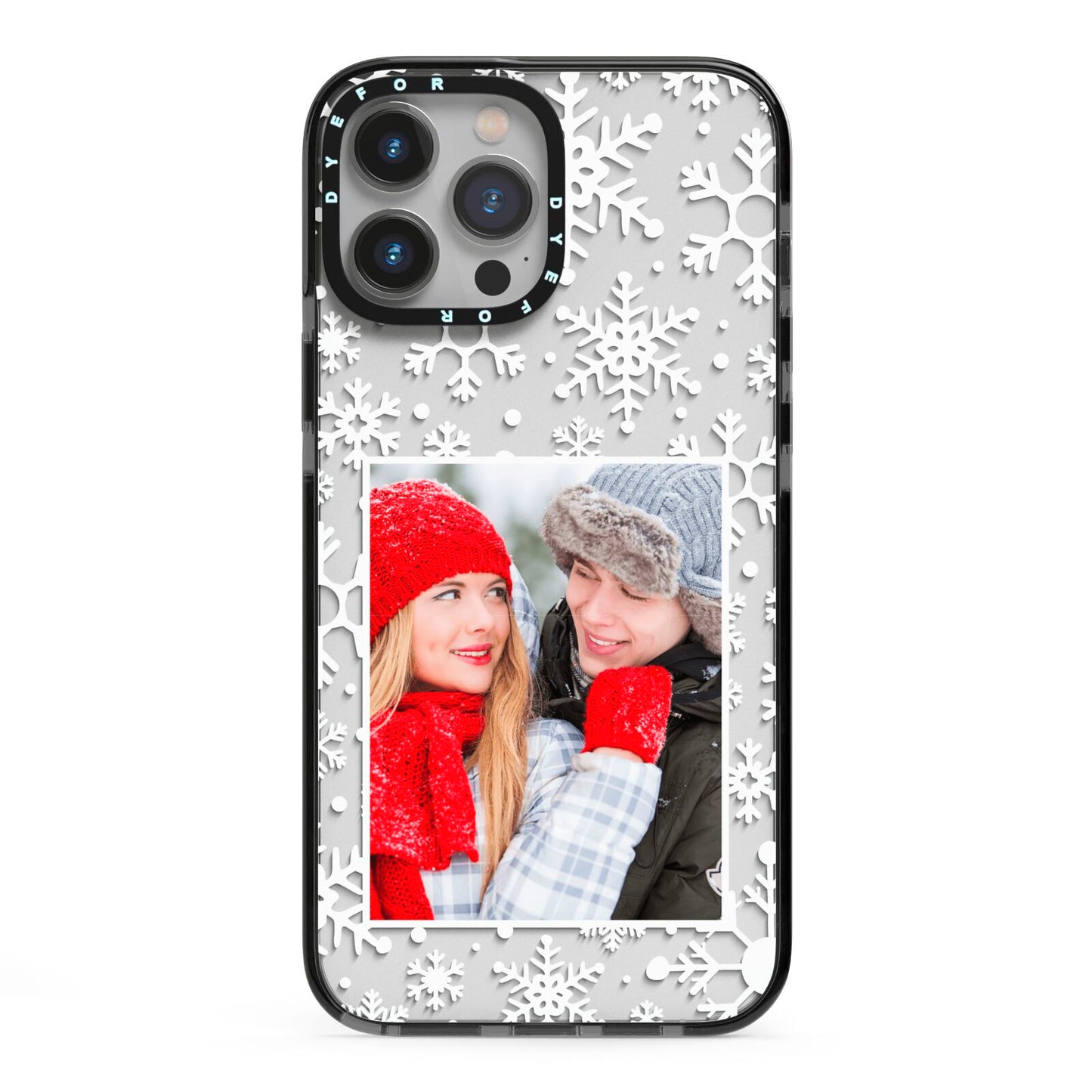 Christmas Snowflake Personalised Photo iPhone 13 Pro Max Black Impact Case on Silver phone