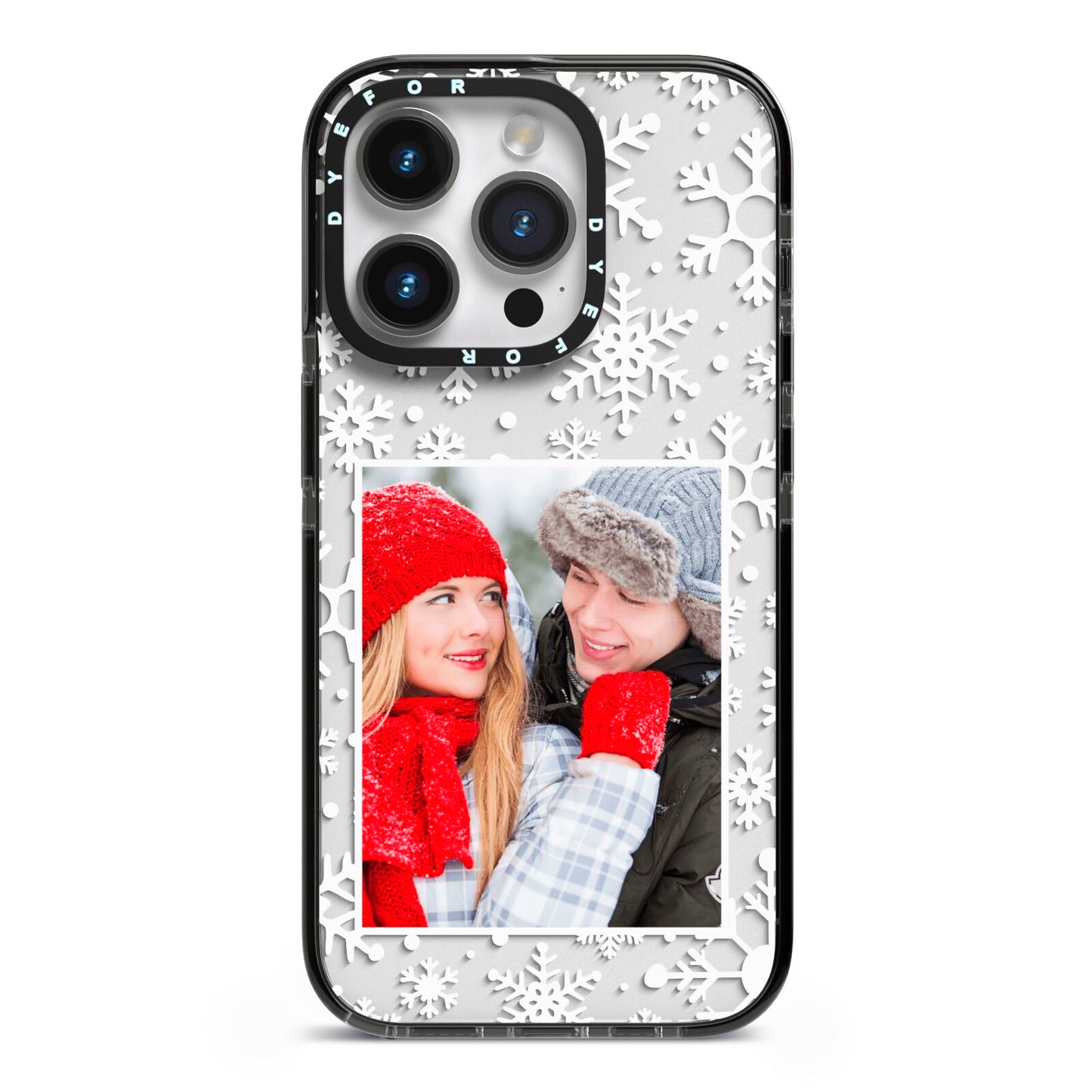 Christmas Snowflake Personalised Photo iPhone 14 Pro Black Impact Case on Silver phone