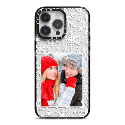 Christmas Snowflake Personalised Photo iPhone 14 Pro Max Black Impact Case on Silver phone