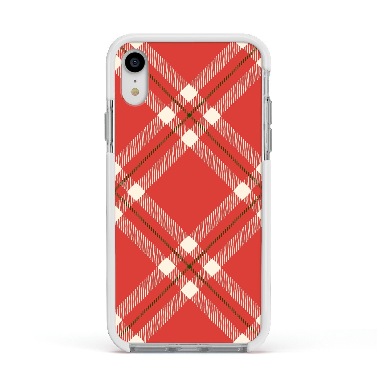 Christmas Tartan Apple iPhone XR Impact Case White Edge on Silver Phone