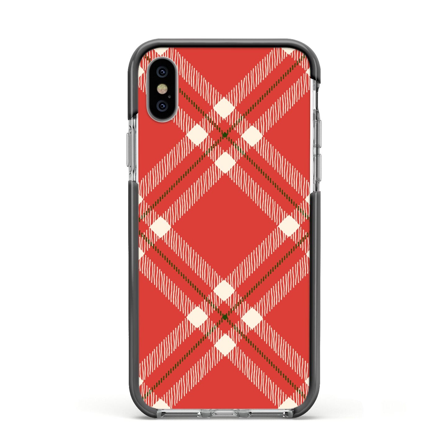 Christmas Tartan Apple iPhone Xs Impact Case Black Edge on Silver Phone