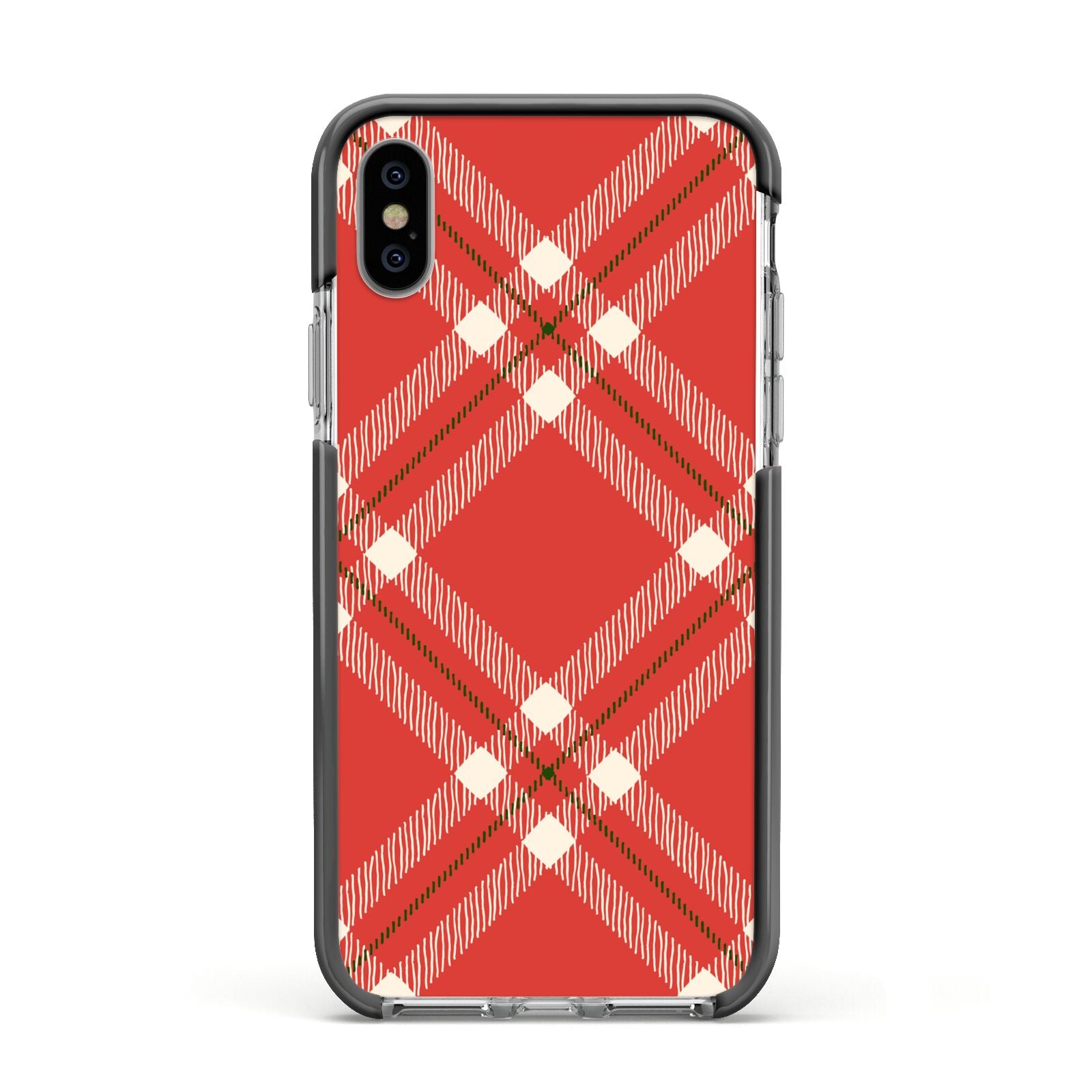 Christmas Tartan Apple iPhone Xs Impact Case Black Edge on Silver Phone