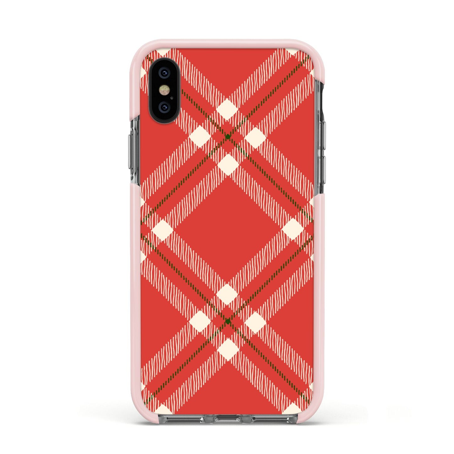 Christmas Tartan Apple iPhone Xs Impact Case Pink Edge on Black Phone