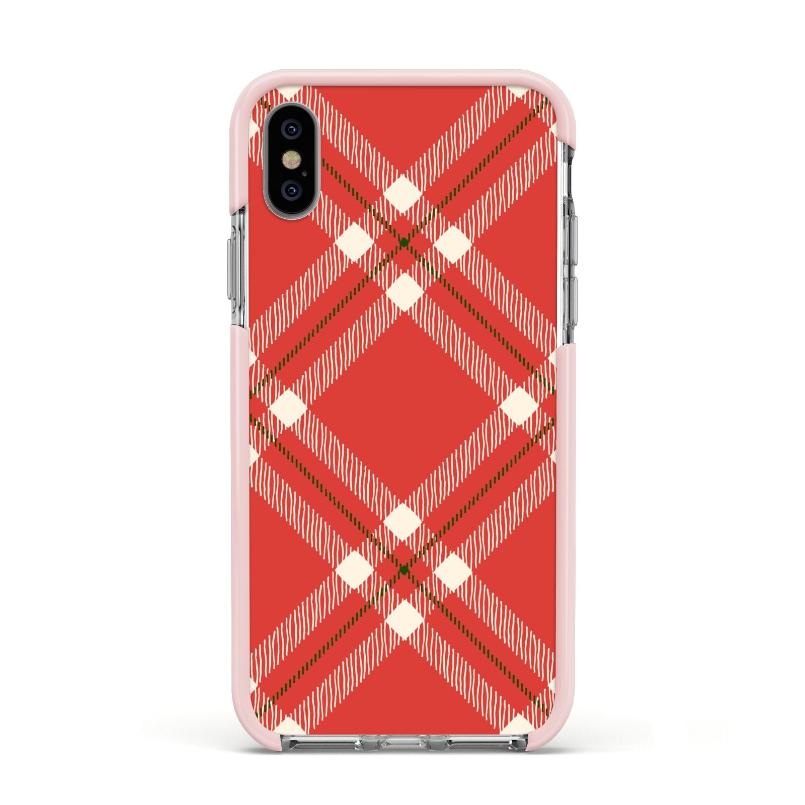 Christmas Tartan Apple iPhone Xs Impact Case Pink Edge on Silver Phone