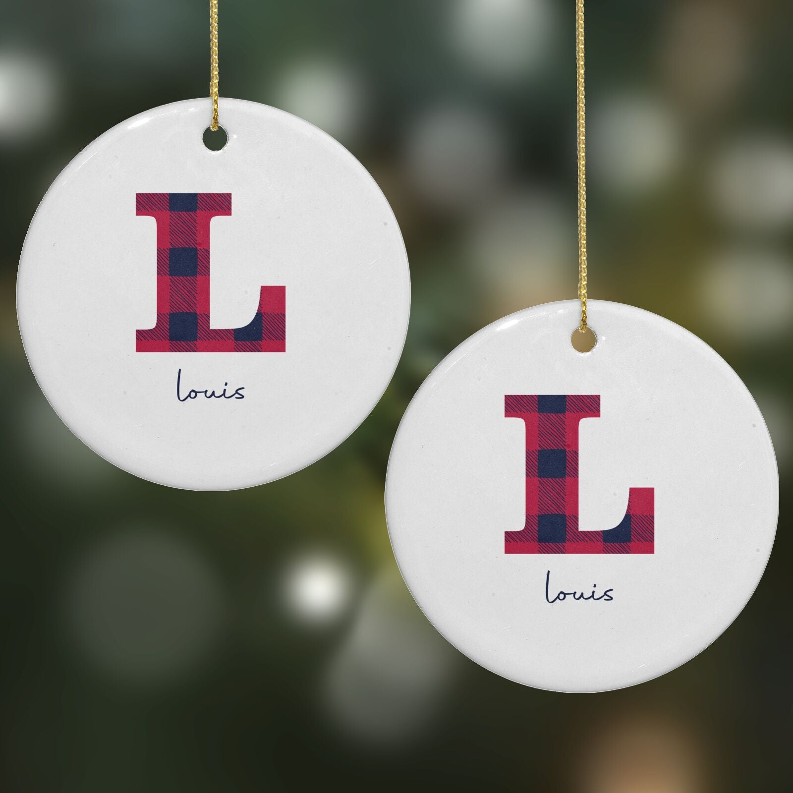 Christmas Tartan Personalised Round Decoration on Christmas Background