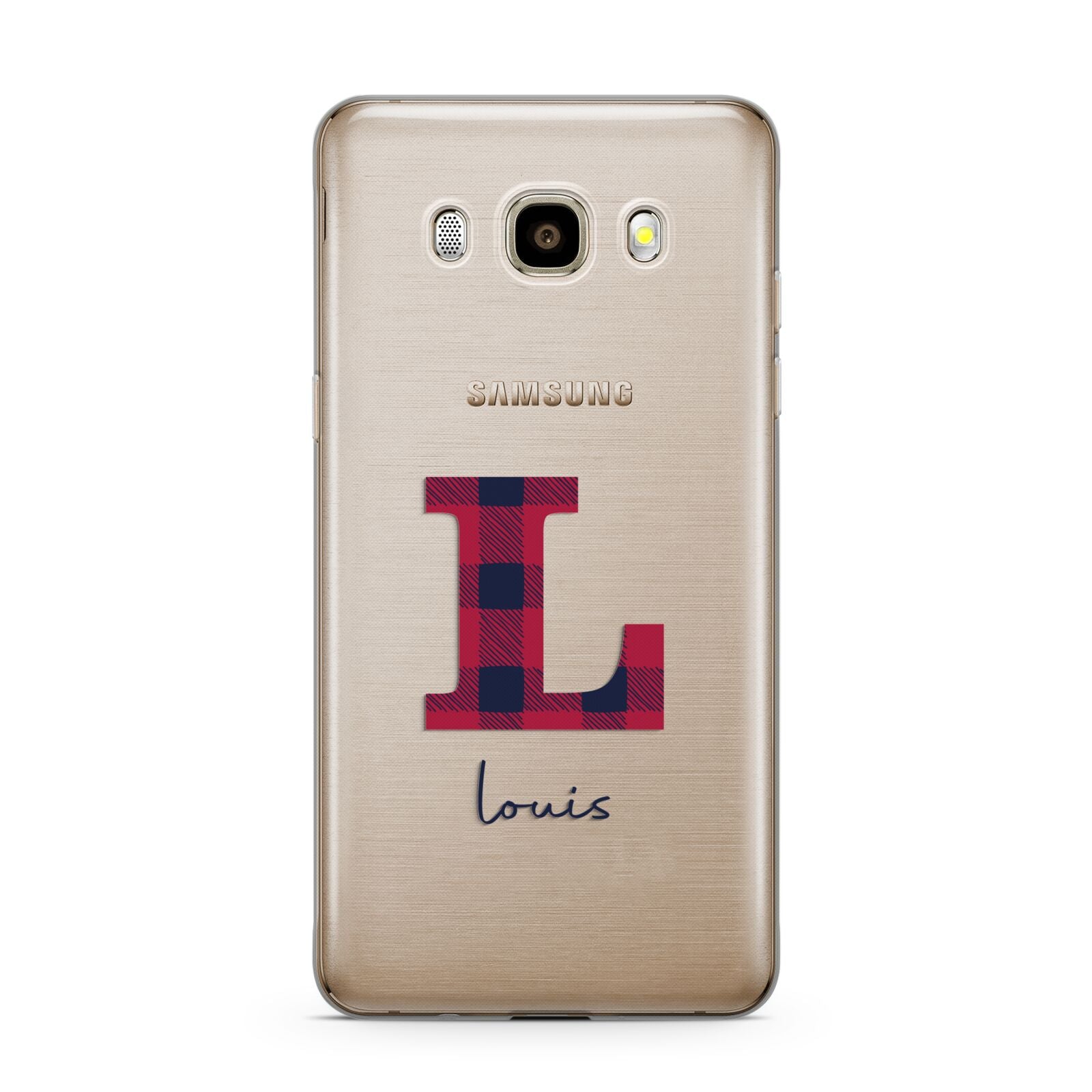 Christmas Tartan Personalised Samsung Galaxy J7 2016 Case on gold phone