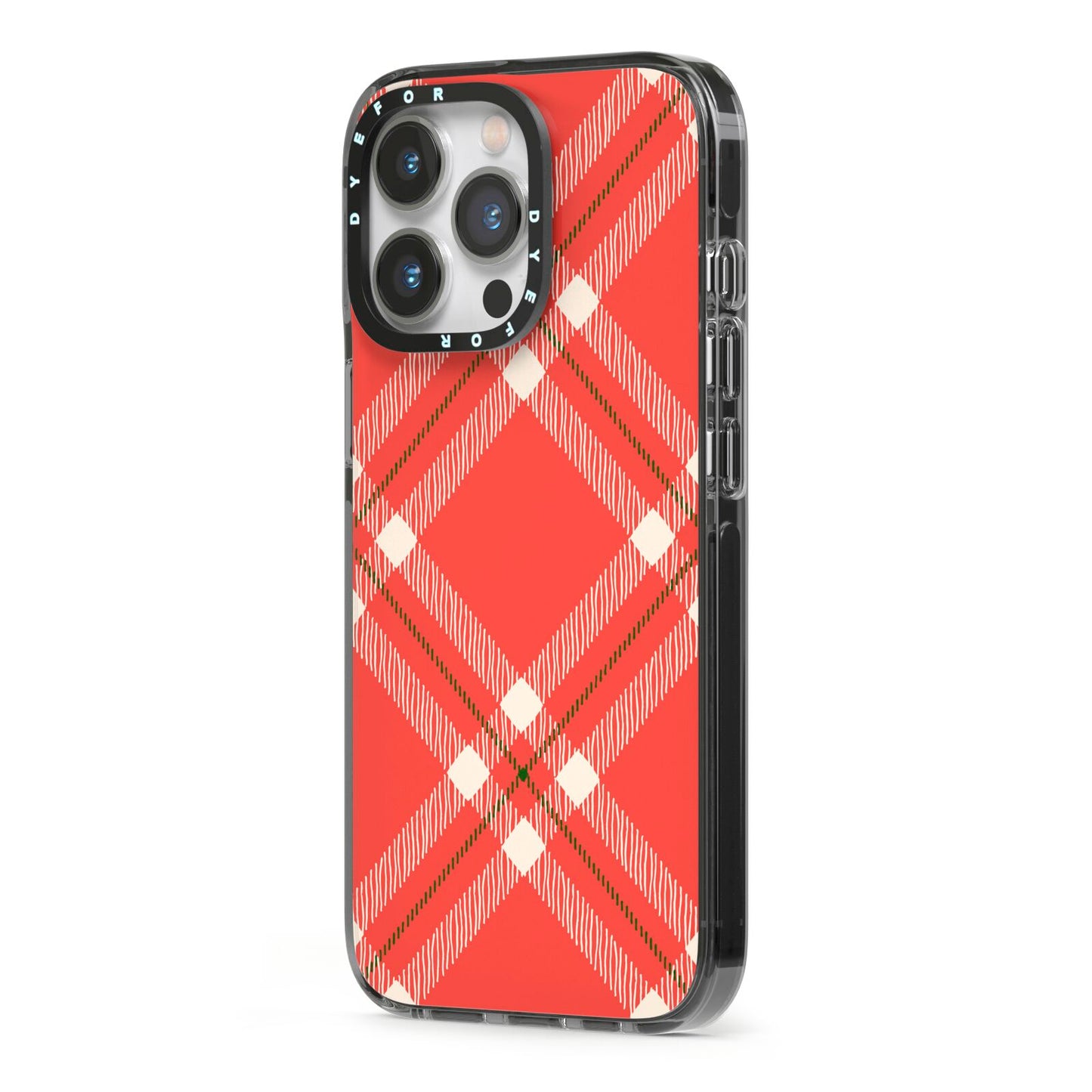 Christmas Tartan iPhone 13 Pro Black Impact Case Side Angle on Silver phone