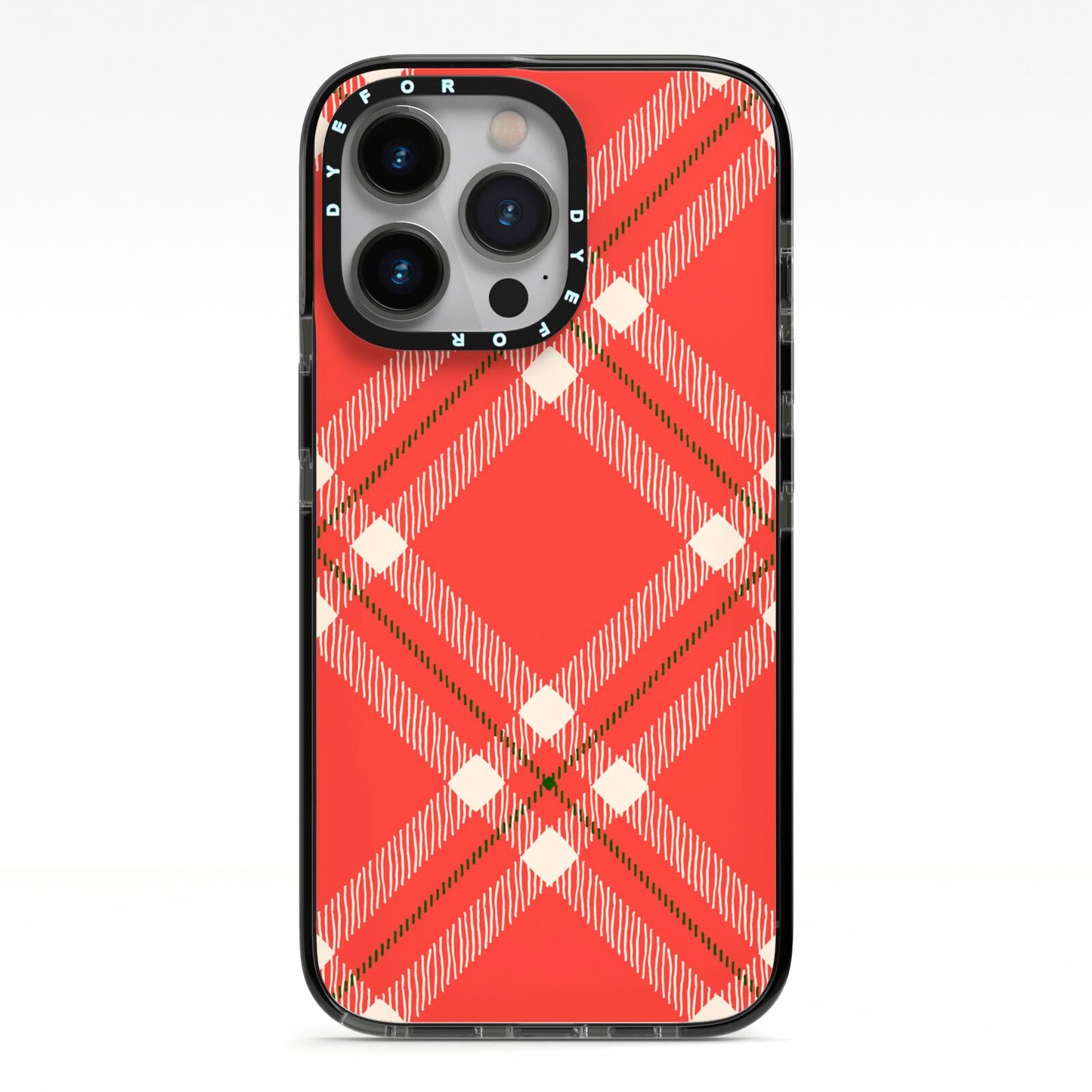 Christmas Tartan iPhone 13 Pro Black Impact Case on Silver phone