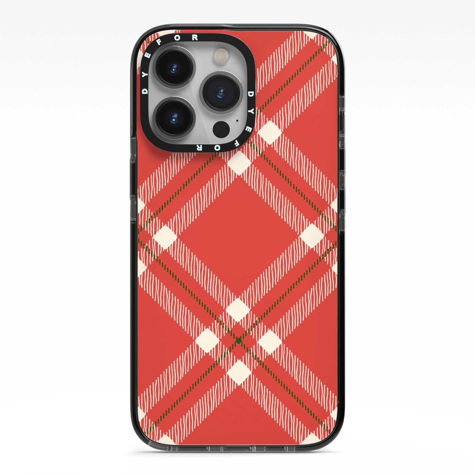 Christmas Tartan iPhone 13 Pro Black Impact Case on Silver phone