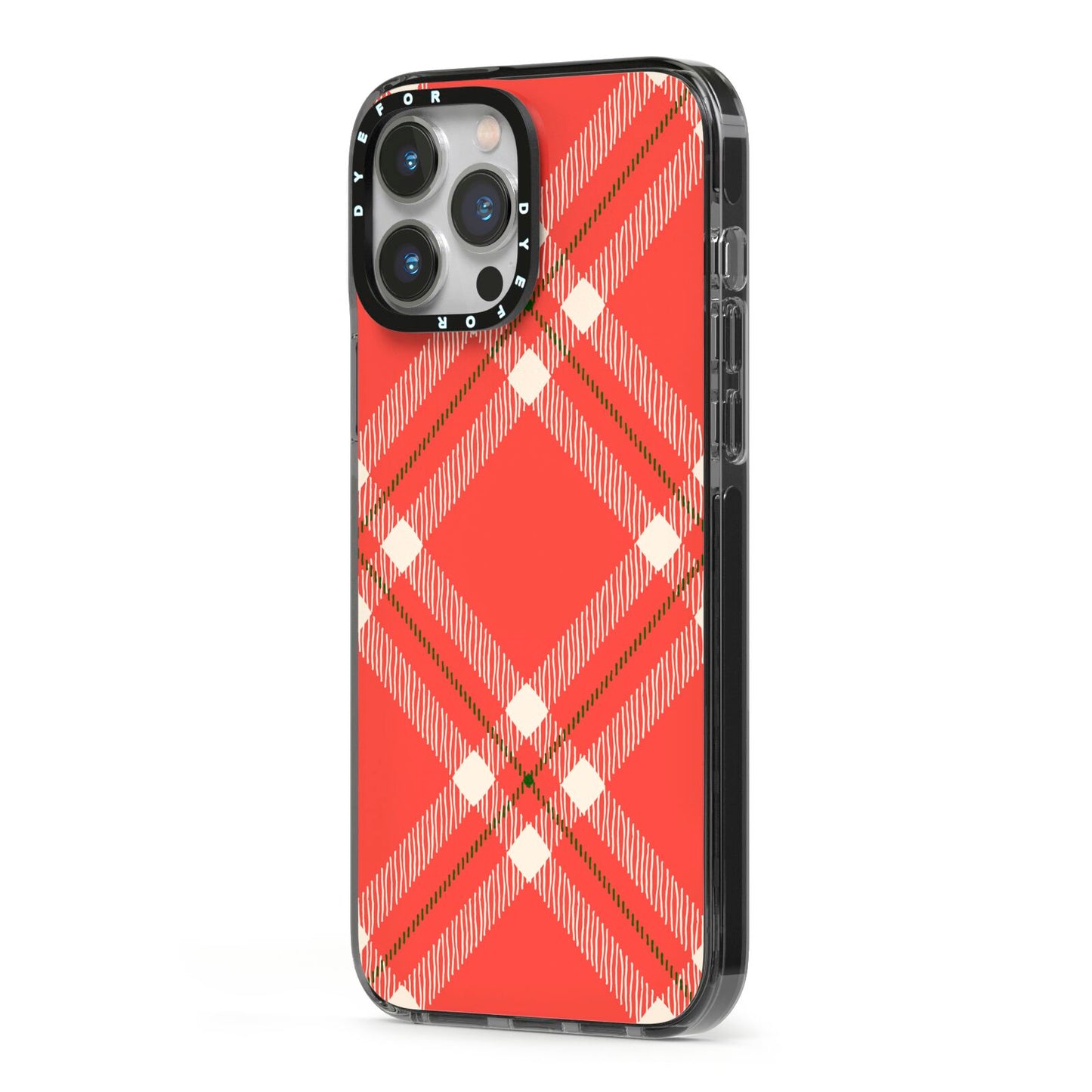 Christmas Tartan iPhone 13 Pro Max Black Impact Case Side Angle on Silver phone
