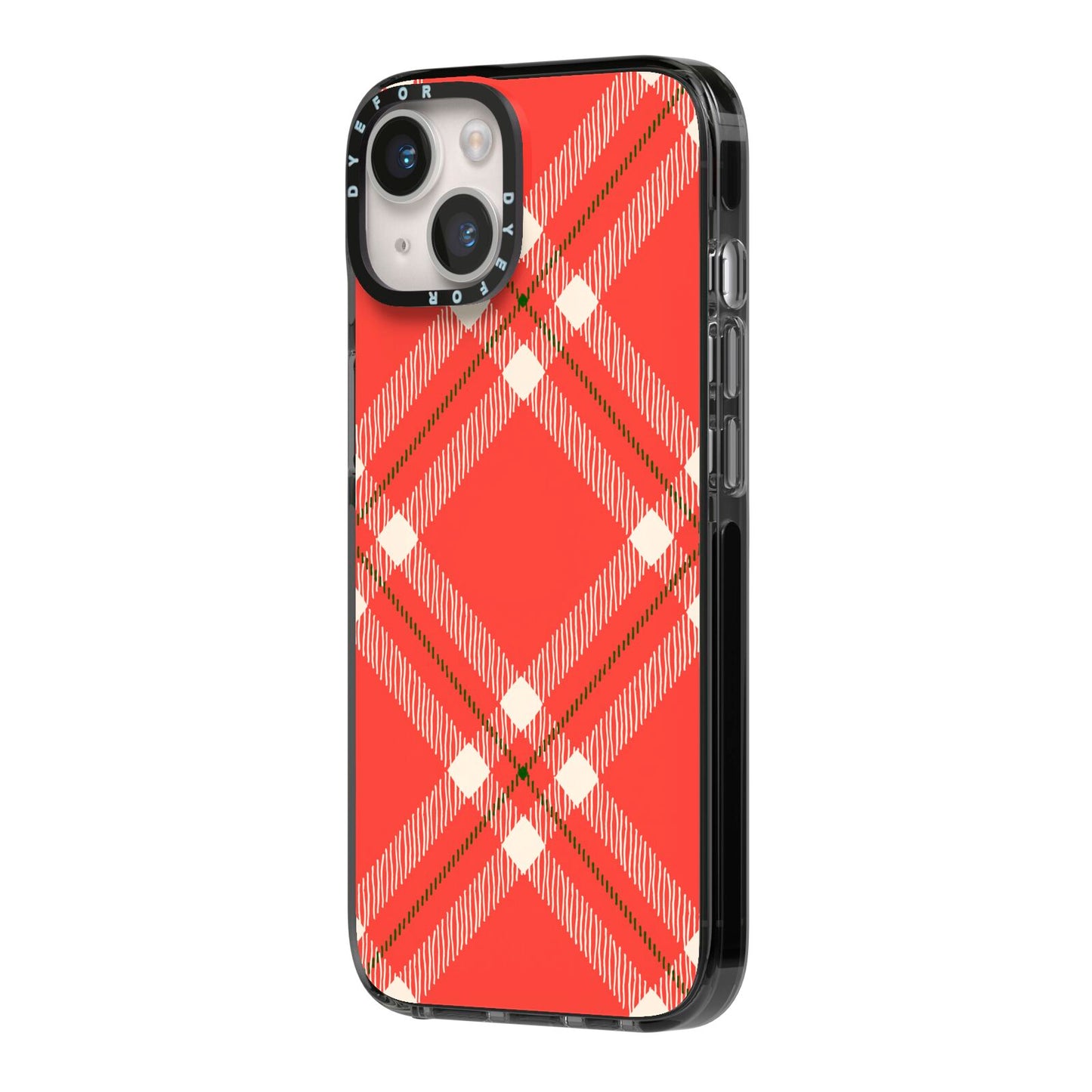 Christmas Tartan iPhone 14 Black Impact Case Side Angle on Silver phone