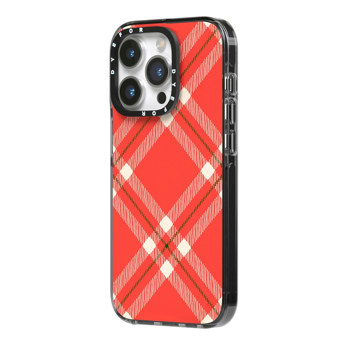 Christmas Tartan iPhone 14 Pro Black Impact Case Side Angle on Silver phone