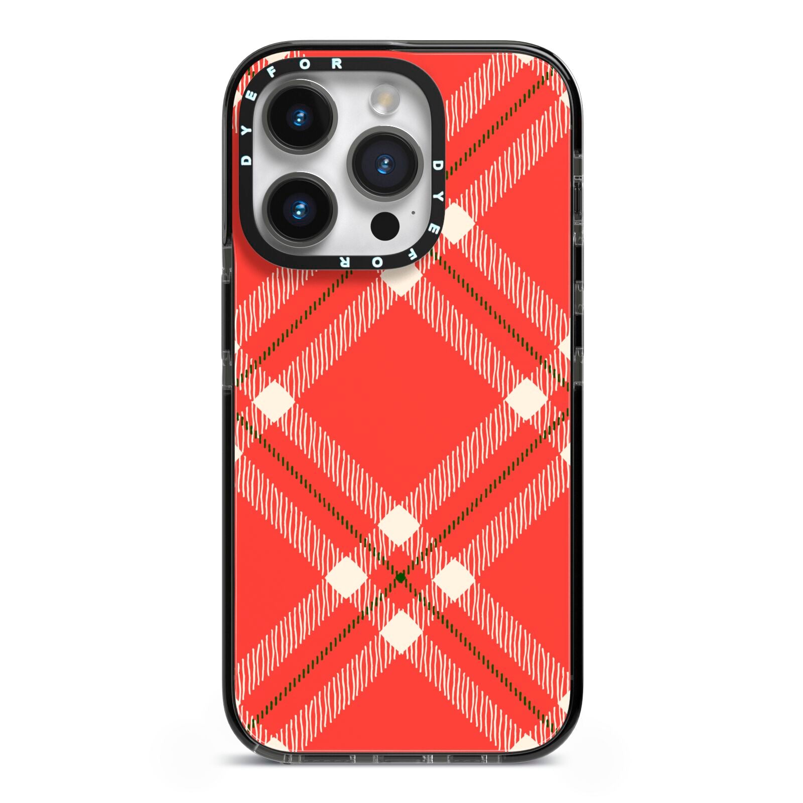 Christmas Tartan iPhone 14 Pro Black Impact Case on Silver phone