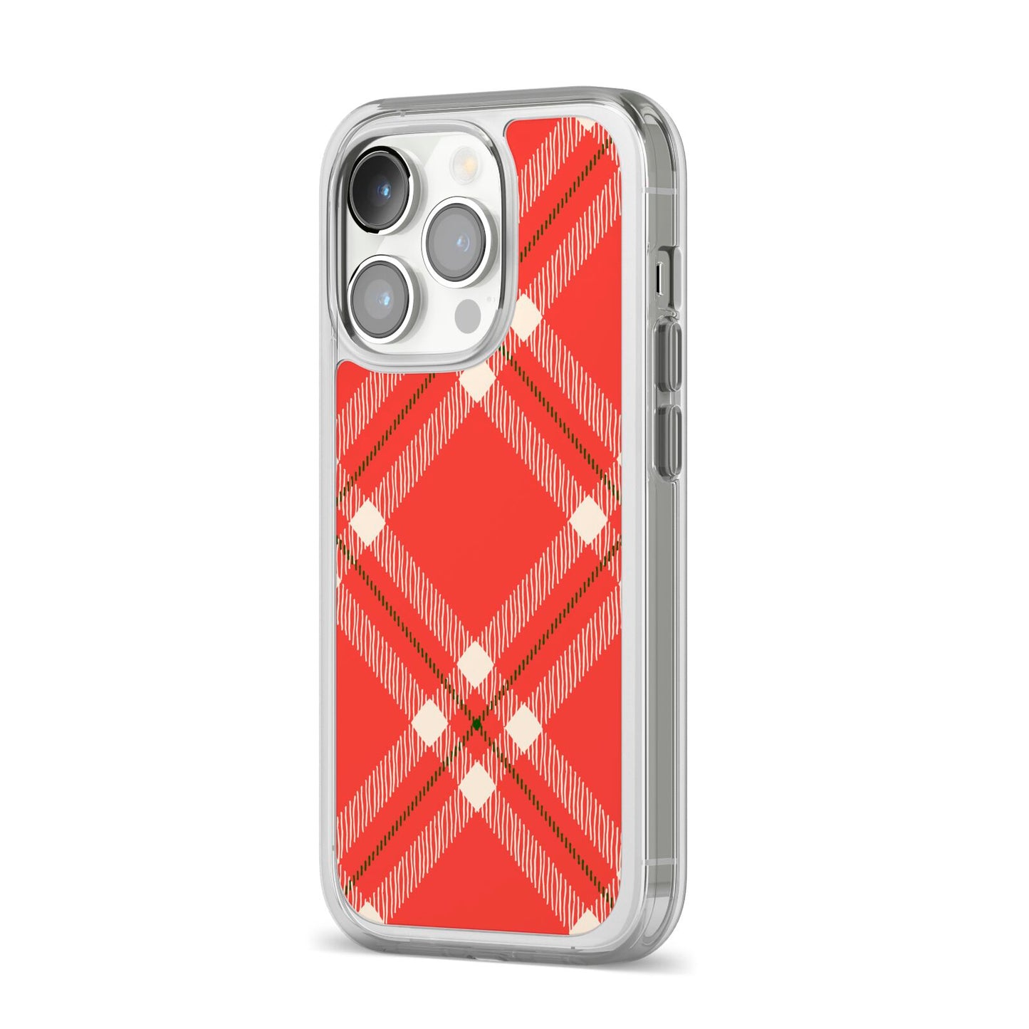 Christmas Tartan iPhone 14 Pro Clear Tough Case Silver Angled Image