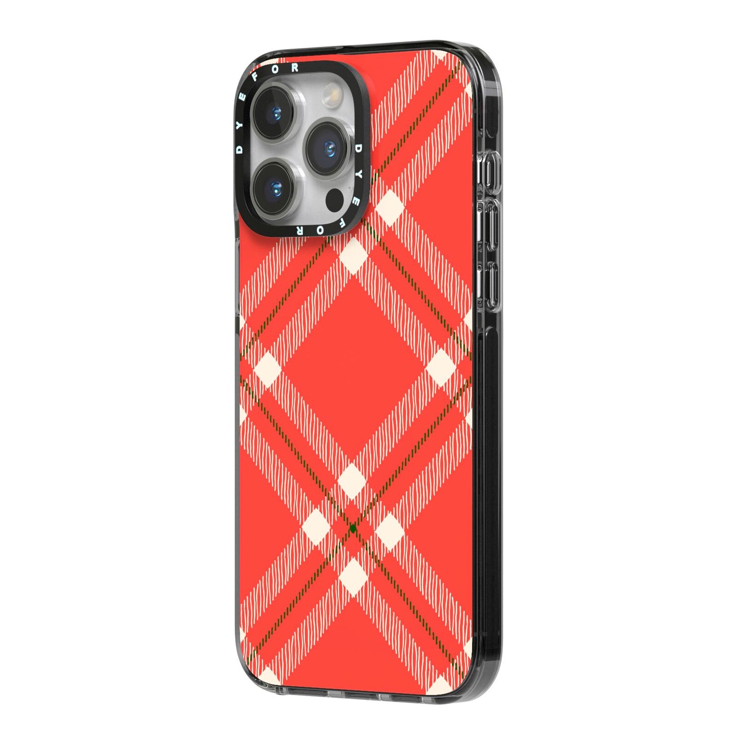 Christmas Tartan iPhone 14 Pro Max Black Impact Case Side Angle on Silver phone