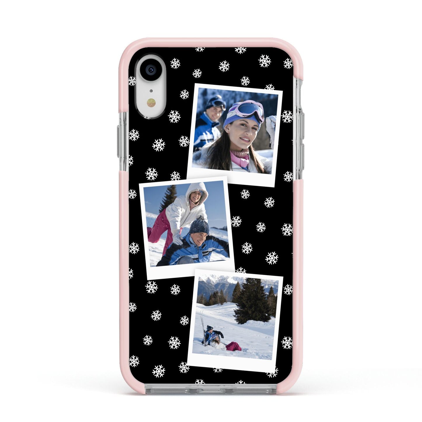 Christmas Three Photo Apple iPhone XR Impact Case Pink Edge on Silver Phone