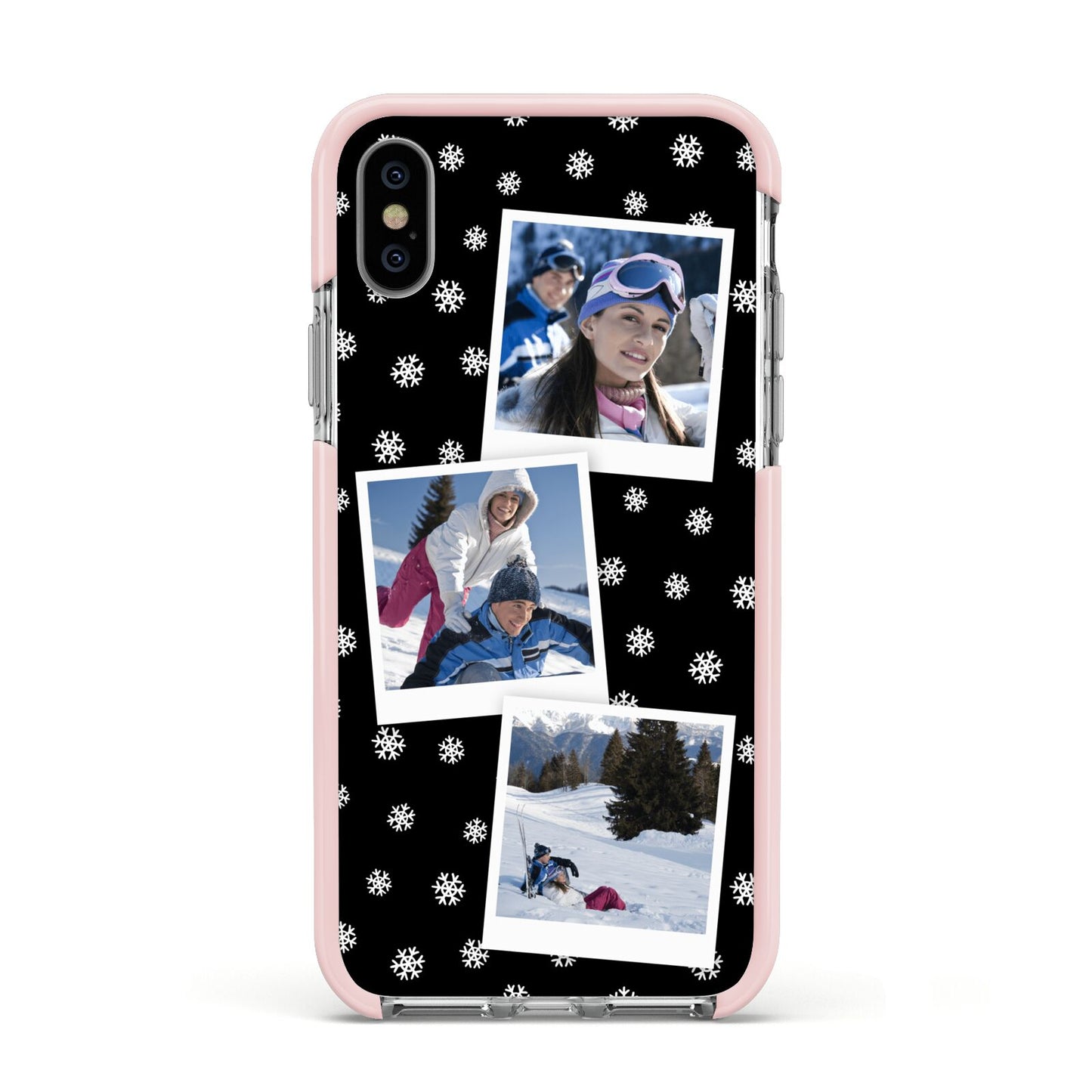 Christmas Three Photo Apple iPhone Xs Impact Case Pink Edge on Silver Phone
