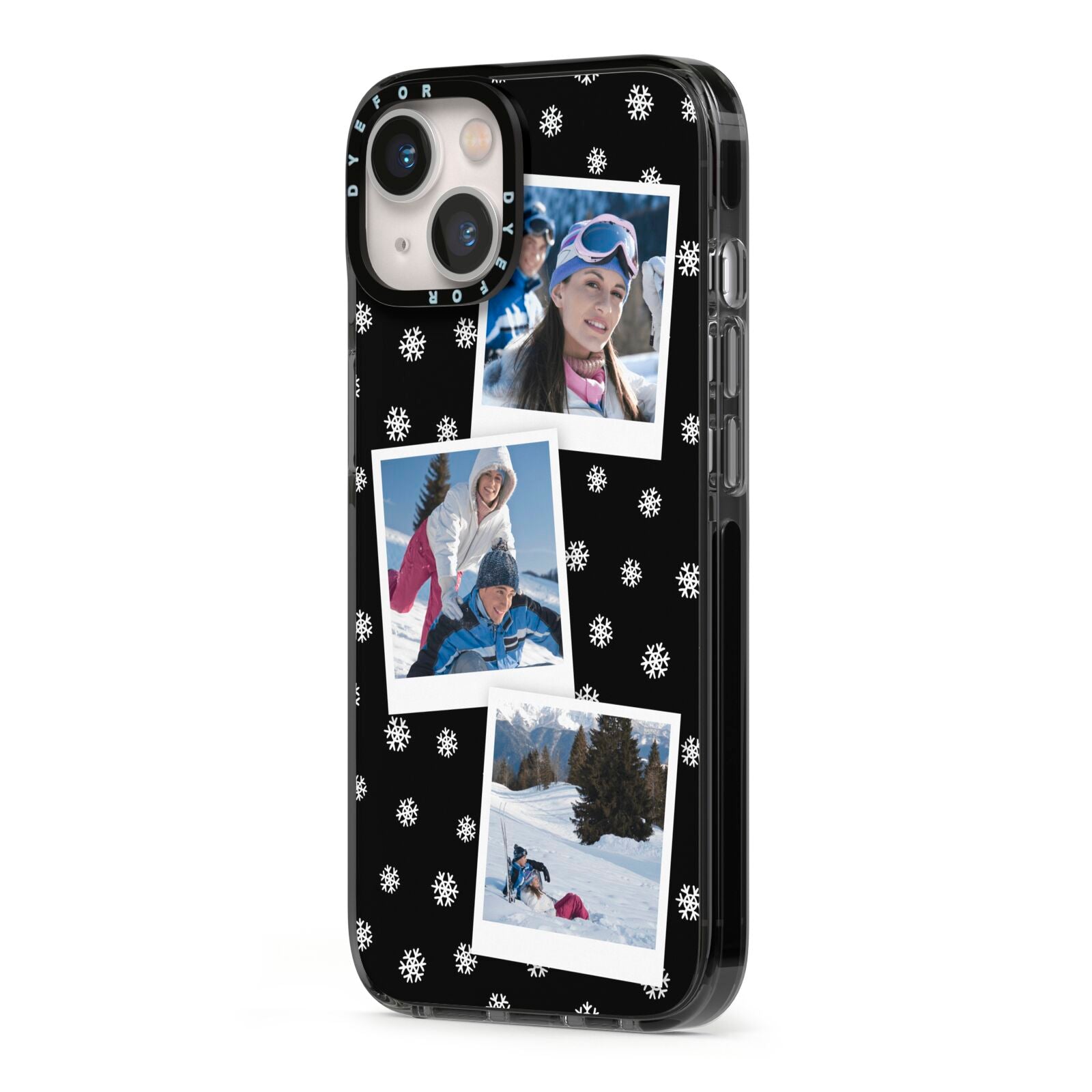 Christmas Three Photo iPhone 13 Black Impact Case Side Angle on Silver phone