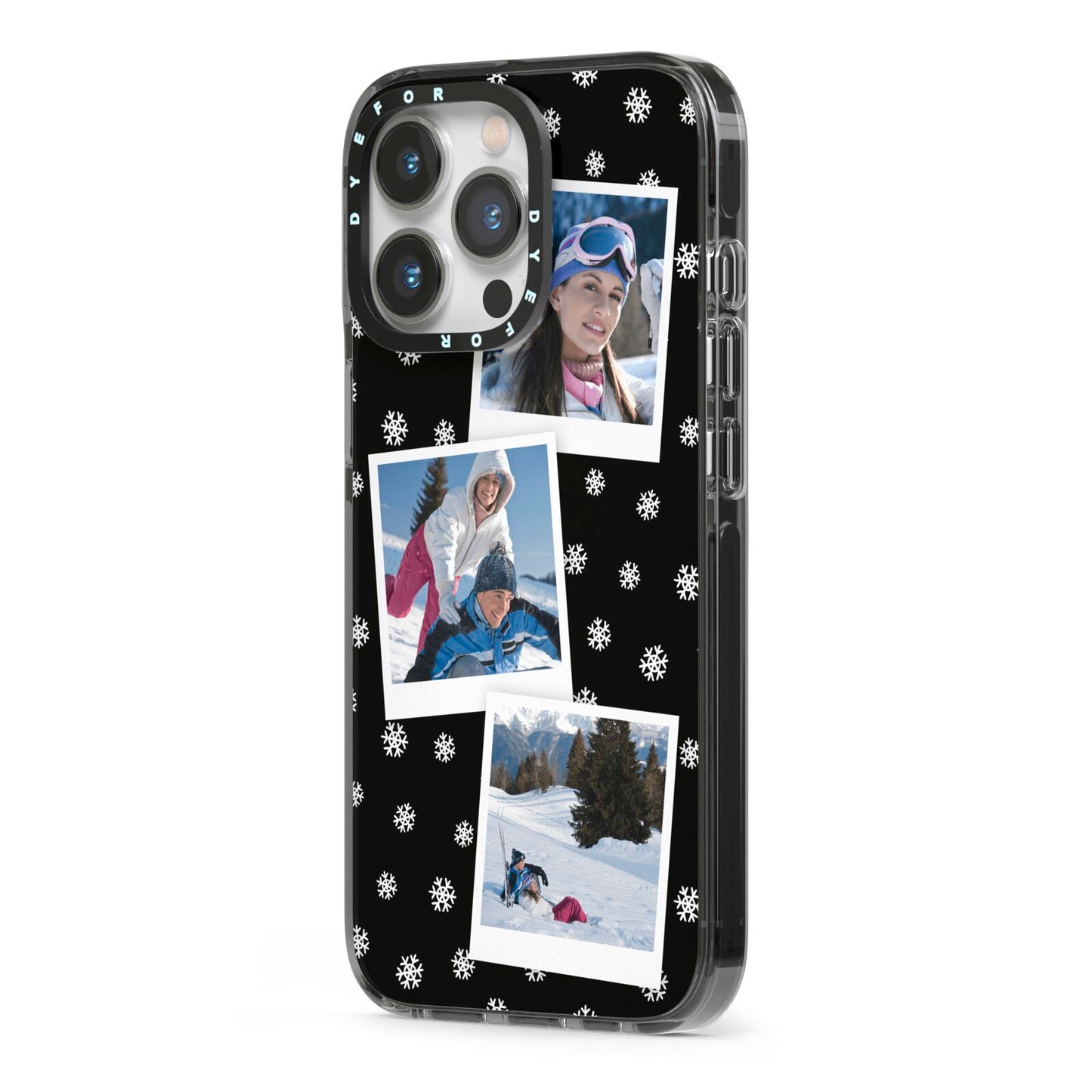 Christmas Three Photo iPhone 13 Pro Black Impact Case Side Angle on Silver phone