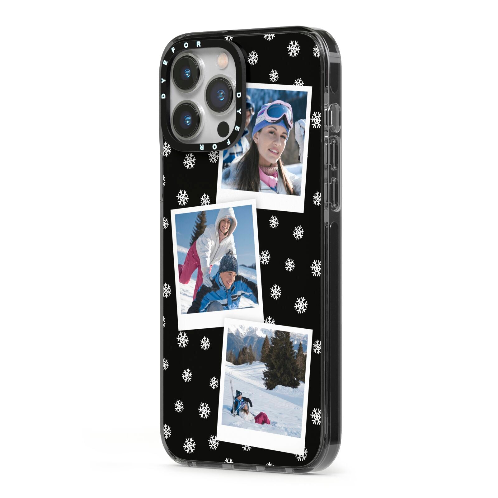 Christmas Three Photo iPhone 13 Pro Max Black Impact Case Side Angle on Silver phone