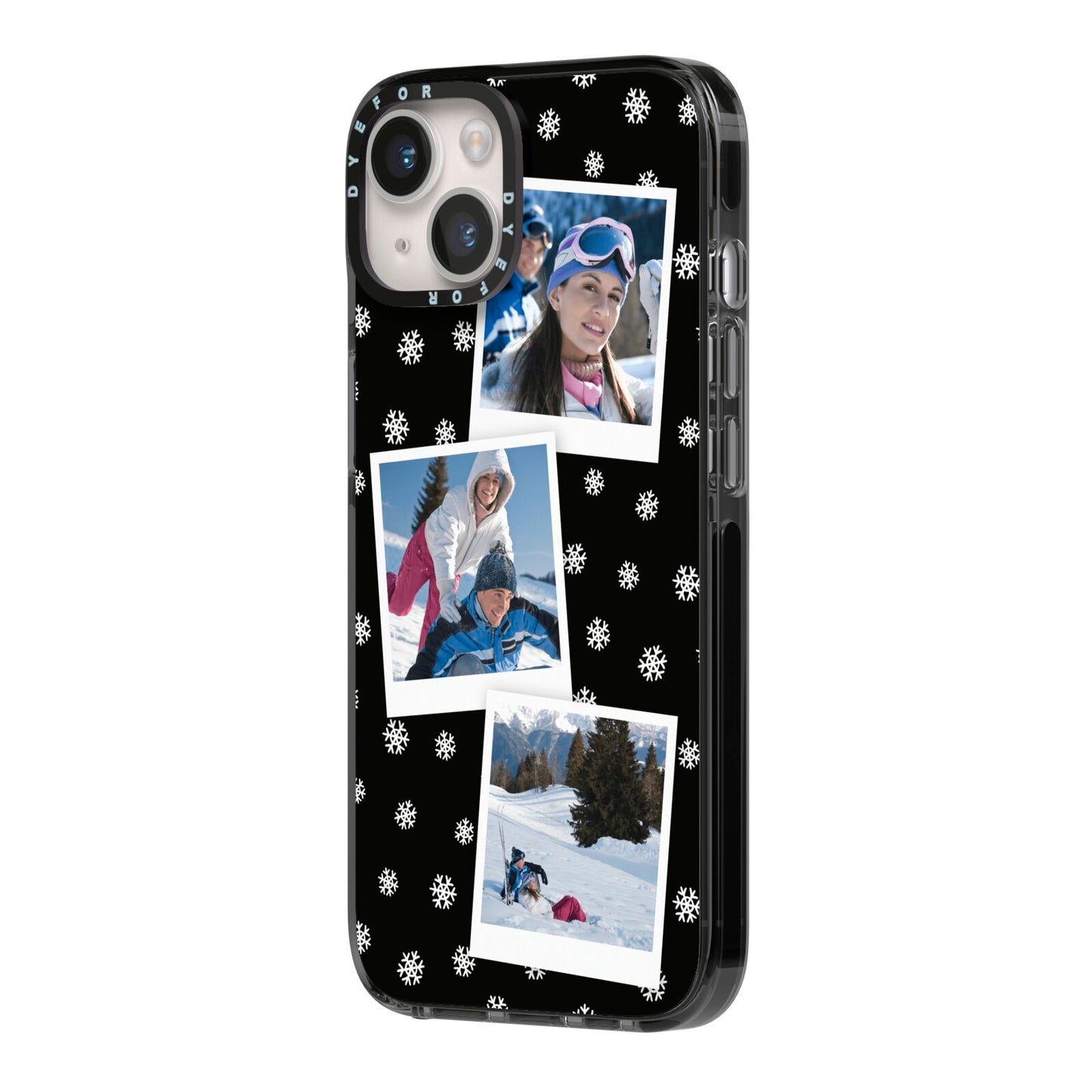 Christmas Three Photo iPhone 14 Black Impact Case Side Angle on Silver phone