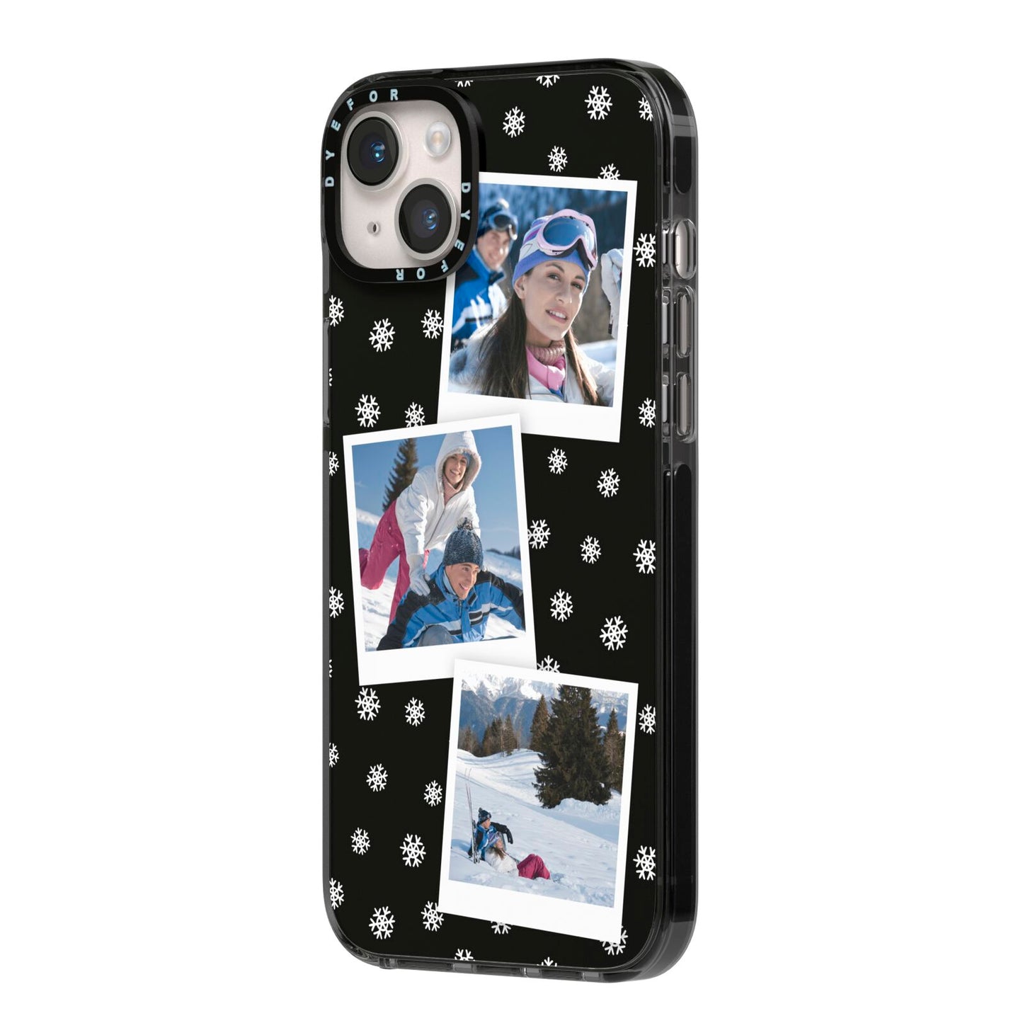 Christmas Three Photo iPhone 14 Plus Black Impact Case Side Angle on Silver phone