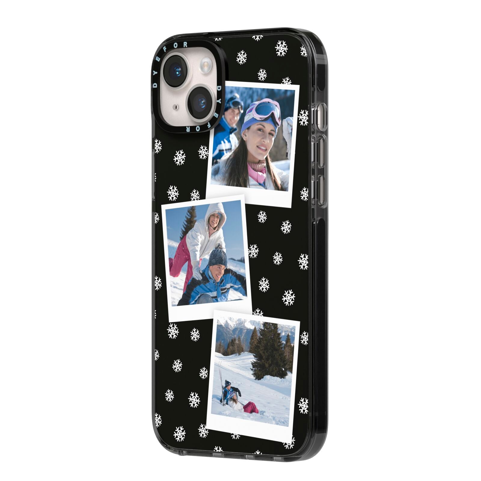 Christmas Three Photo iPhone 14 Plus Black Impact Case Side Angle on Silver phone