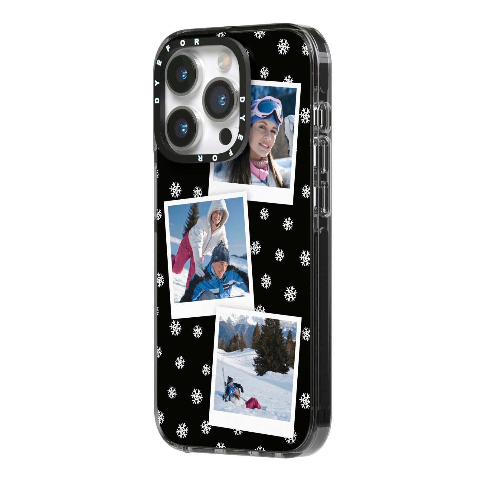Christmas Three Photo iPhone 14 Pro Black Impact Case Side Angle on Silver phone