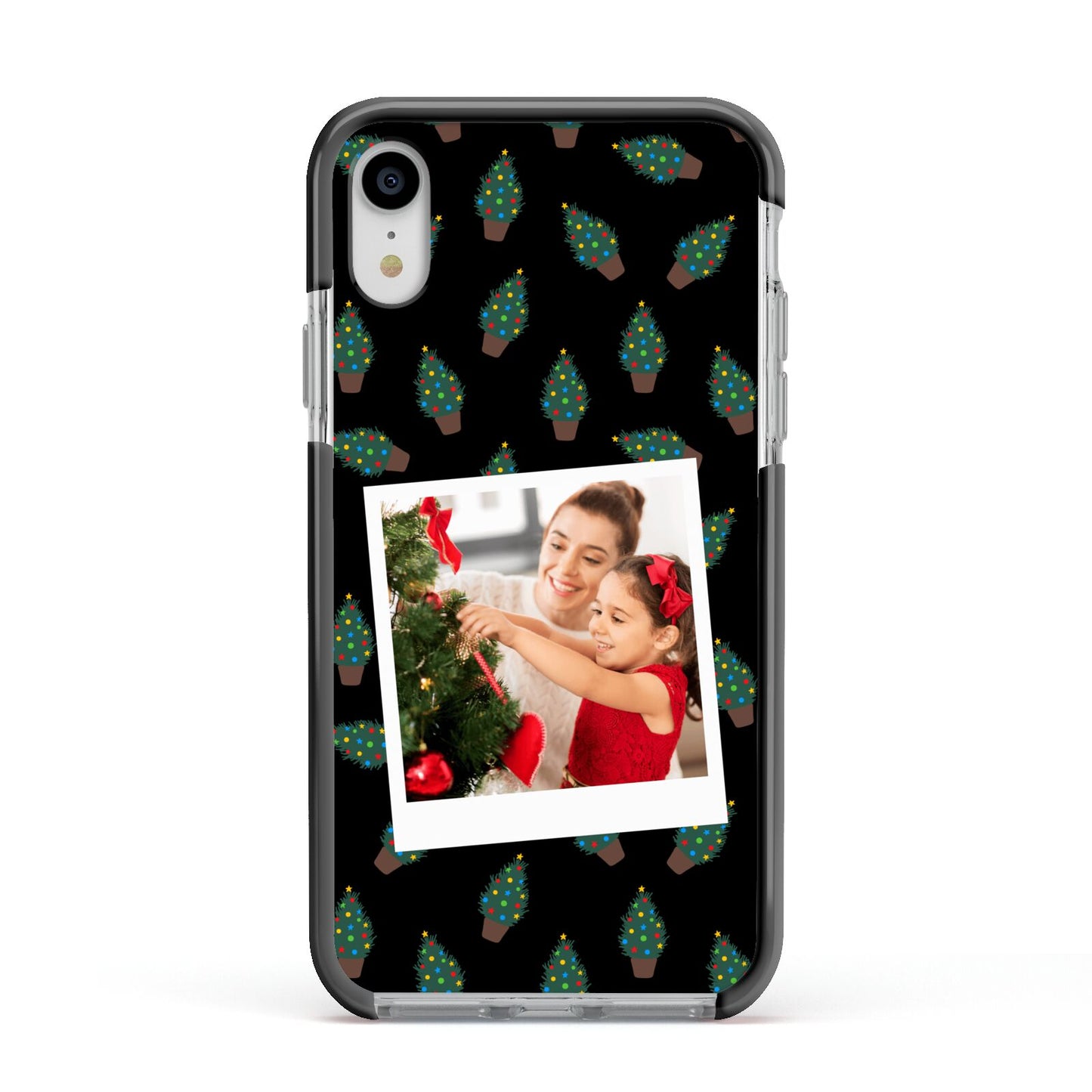 Christmas Tree Polaroid Photo Apple iPhone XR Impact Case Black Edge on Silver Phone