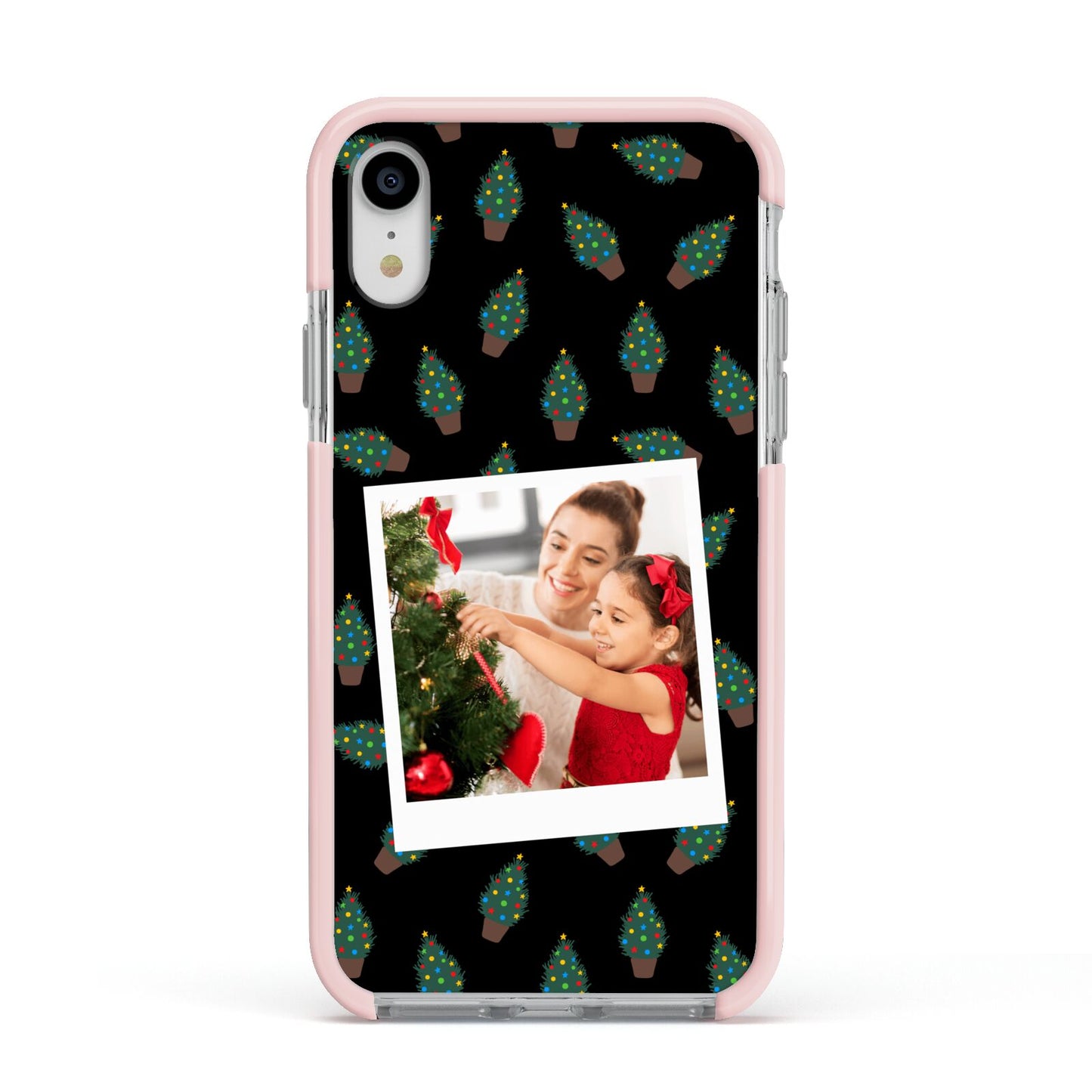 Christmas Tree Polaroid Photo Apple iPhone XR Impact Case Pink Edge on Silver Phone